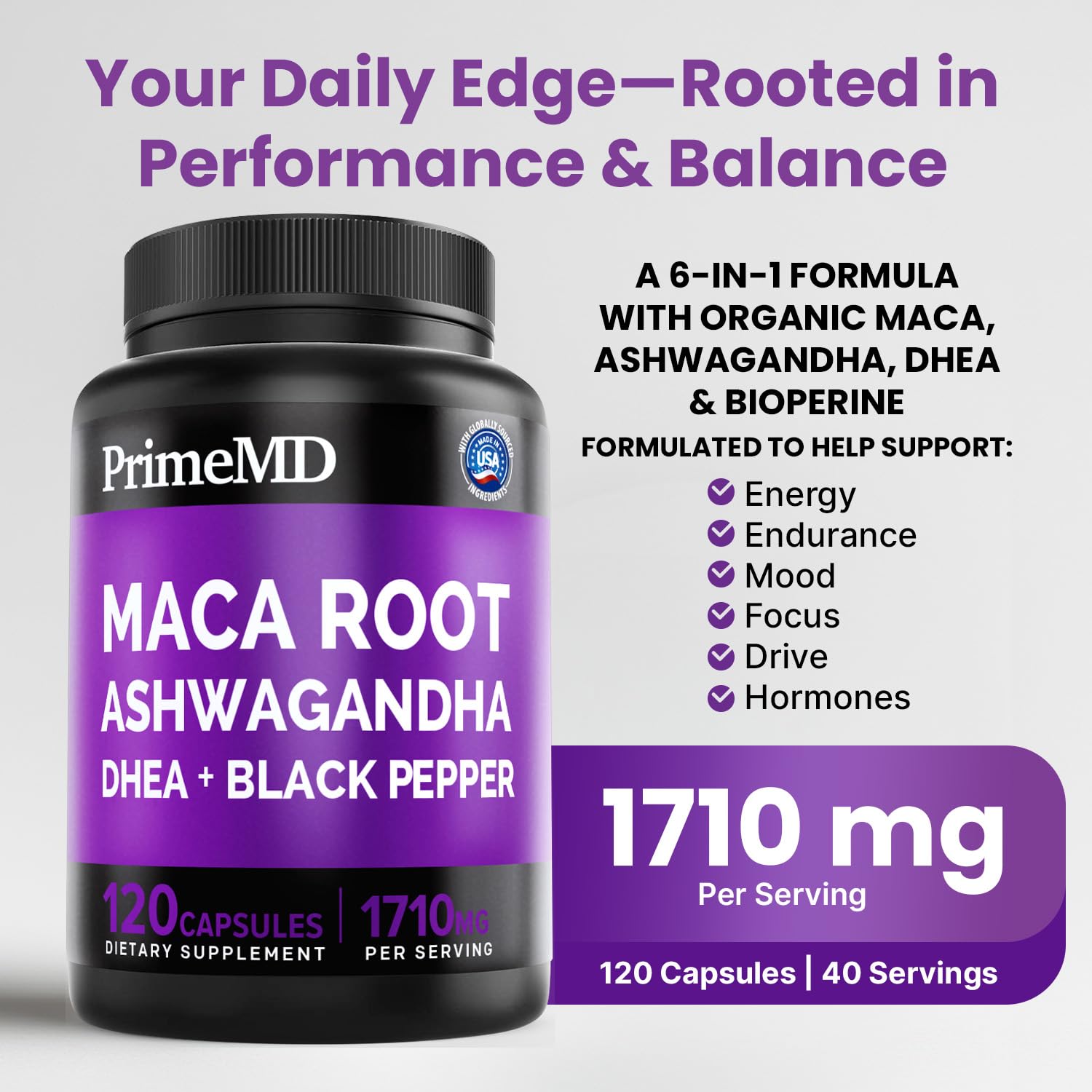 6-in-1 Organic Maca Root Ashwagandha Capsules 1710mg with DHEA and Black Pepper Fruit Extract for Women and Men - Black Maca Supplement for Stamina, Bone and Mood Support Supplement, 120ct (Pack of 3) PrimeMD Au supplements