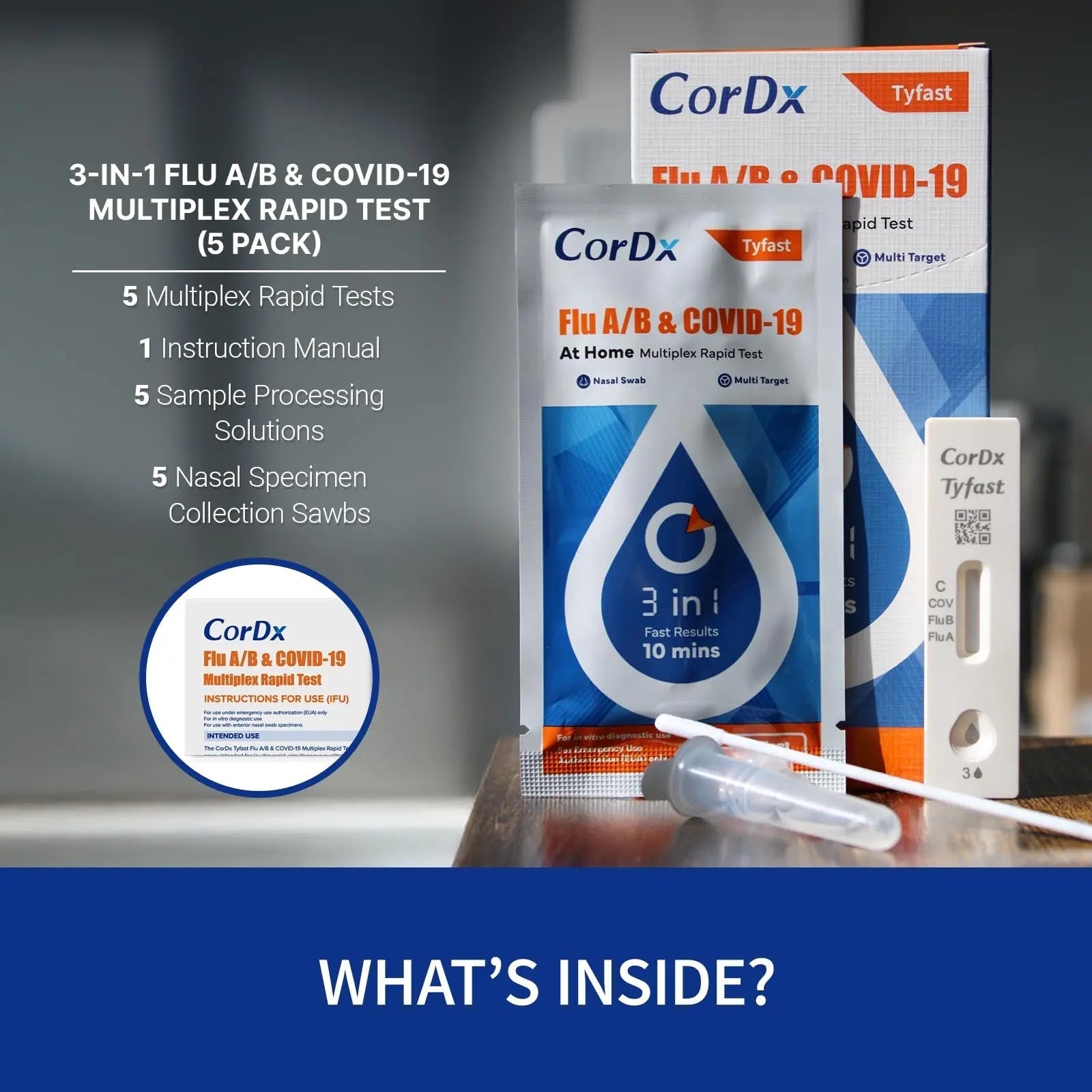CorDx TyFast at Home Flu A/B & COVID-19 Multiplex Rapid Test Kit, Easy, Accurate, Fast Results in 10 Minutes, 3 in 1 Combo Kit, 5 Tests CorDx Au supplements