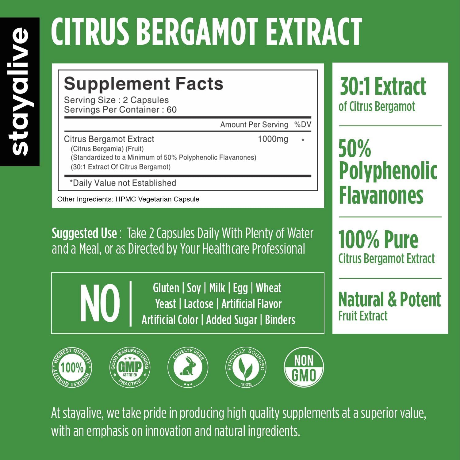 STAY ALIVE Citrus Bergamot Capsules 1000mg, 30:1 Super Extract with 50% Polyphenolic Flavanones, 120 Pills, Citrus Bioflavonoids Supplements for Women & Men | Non-GMO, Gluten-Free STAY ALIVE Au supplements