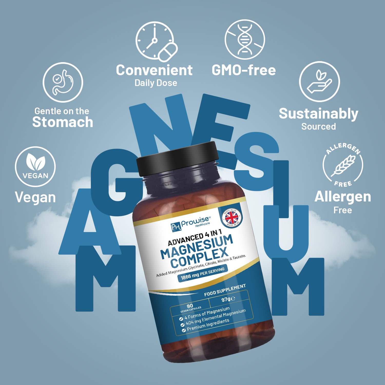 Magnesium Glycinate Complex 4 in 1-1866mg per Serving | Precise 404mg Elemental Magnesium dose | Added Magnesium Glycinate, Citrate, Malate & Taurate | 90 Vegan Capsules - by Prowise PH PROWISE Healthcare Au supplements