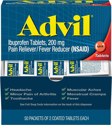 Advil Ibuprofen Tablets, 200 mg Pain Reliever/Fever Reducer (NSAID), 100 Tablets (50 Packets of 2 Tablets Each) Advil Au supplements