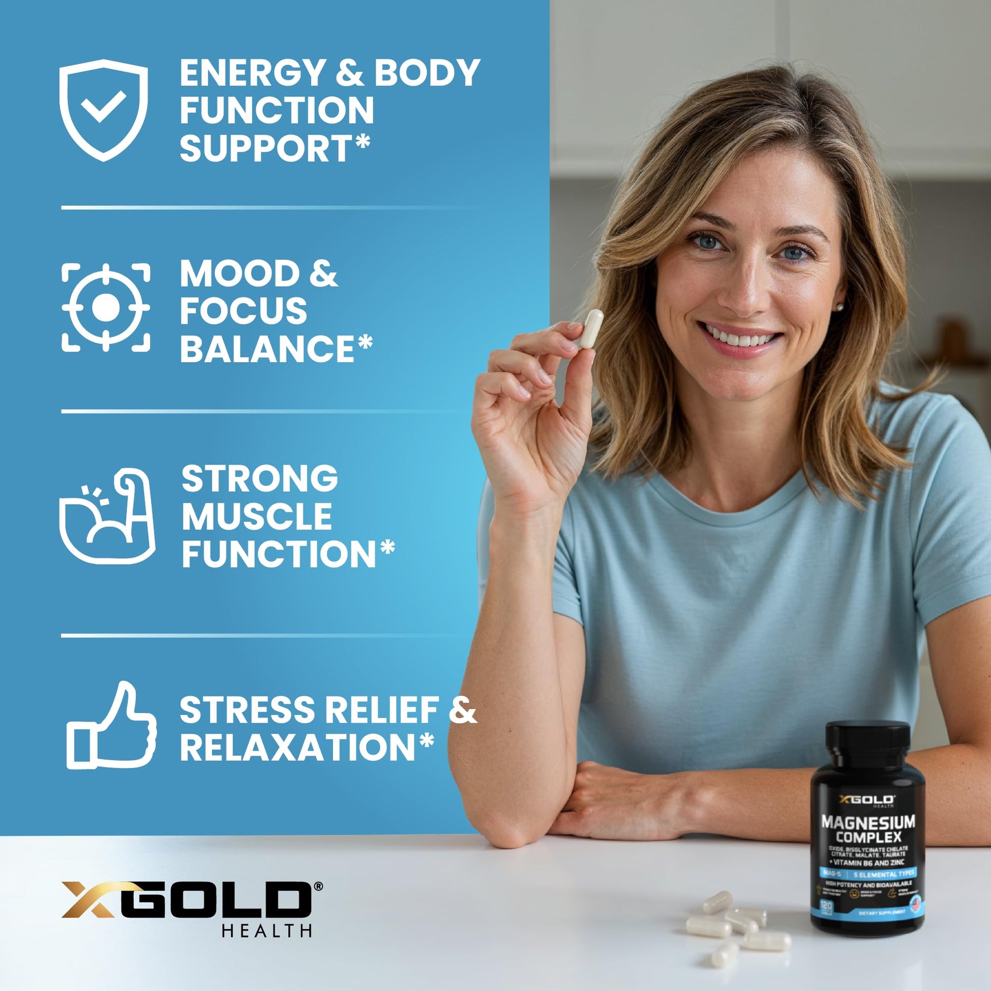 X Gold Health Magnesium Complex 5-in-1 with Zinc & B6 High Absorption Capsules (Glycinate, Citrate, Malate, Taurate, Oxide) Muscle Recovery, Energy, Sleep Support & Immune Health 500mg Made in USA X Gold Health Au supplements