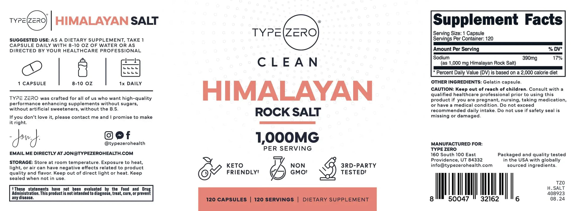 Type Zero Himalayan Rock Salt Capsules (120 Capsules) (1000mg per Serving) Type Zero Au supplements