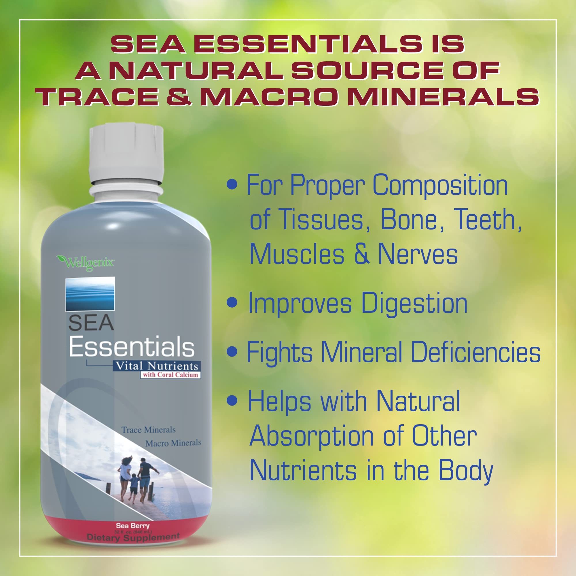 Wellgenix Sea Essentials Liquid Mineral Dietary Supplement with Trace and Macro Minerals and Coral Calcium – Sea Berry Flavor – 32 fl oz Wellgenix Au supplements