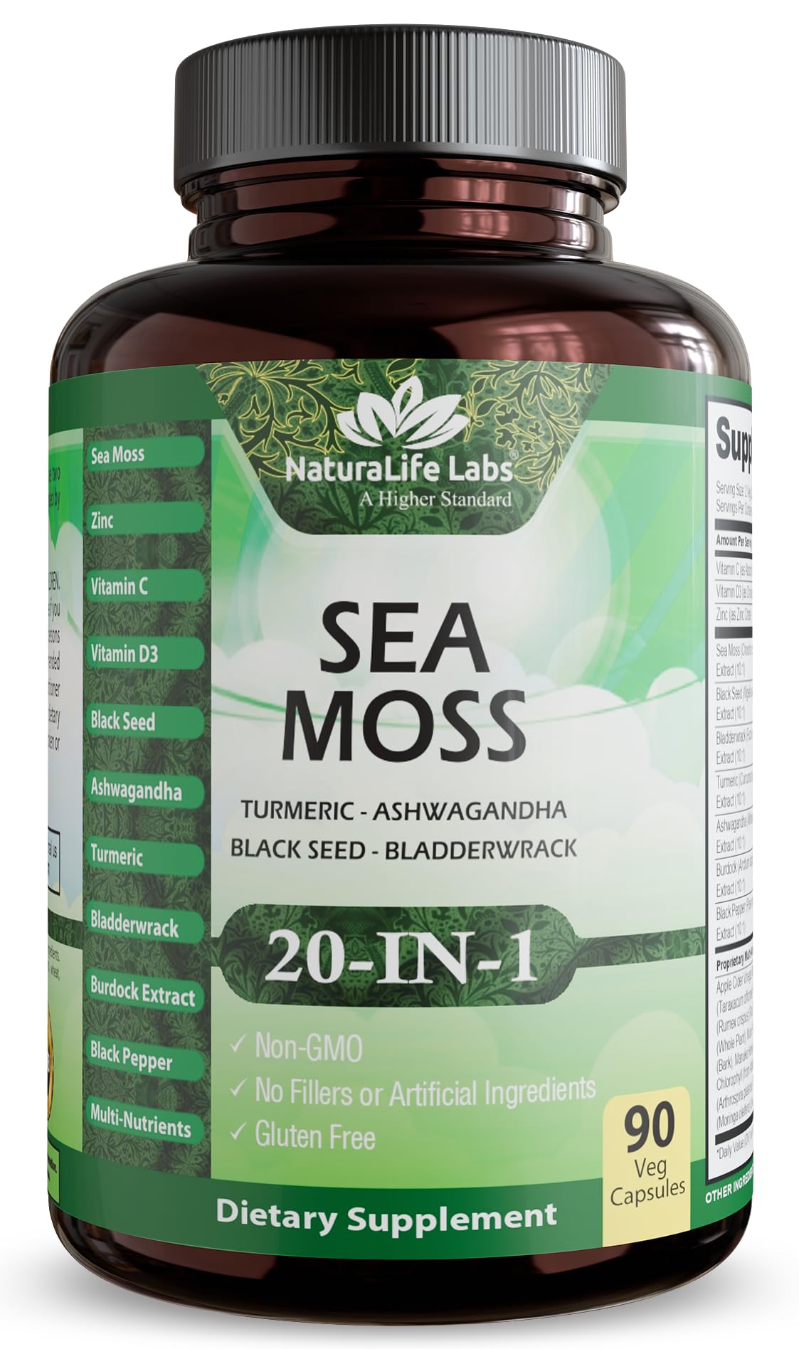 Sea Moss, Black Seed Oil, Bladderwrack, Turmeric, Ashwagandha, Burdock, Vitamin C, D3, Yellow Dock Root, Manuka, Dandelion - 90 Veggie caps NaturaLife Labs Au supplements