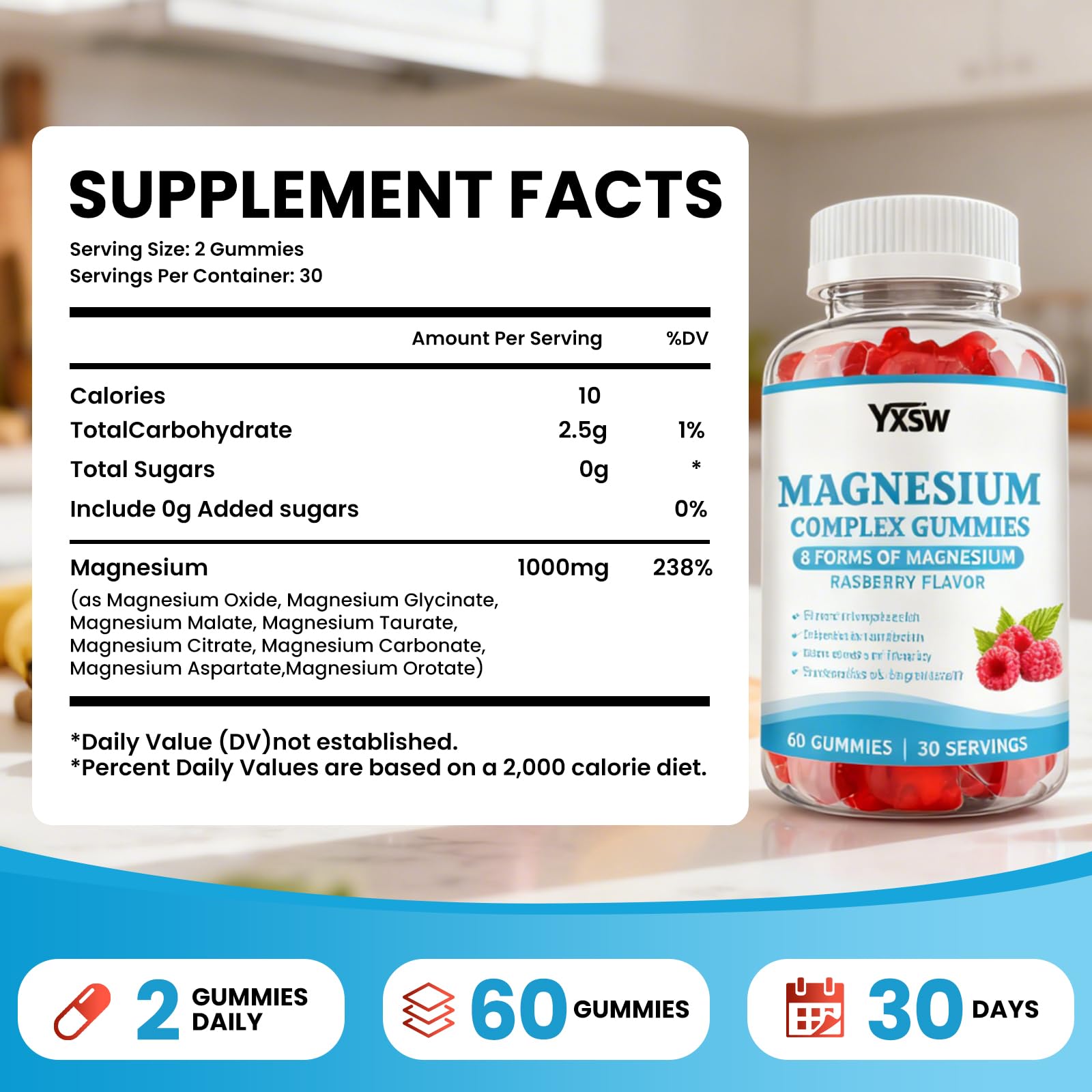 Magnesium Complex Gummies 8 Elemental 1000mg - Magnesium Glycinate, Citrate, Malate, Taurate, Supports Bones, Muscle, Nerve Health, for Women & Men, Vegan Non-GMO, Raspberry Flavor, 60 Count YXSW Au supplements