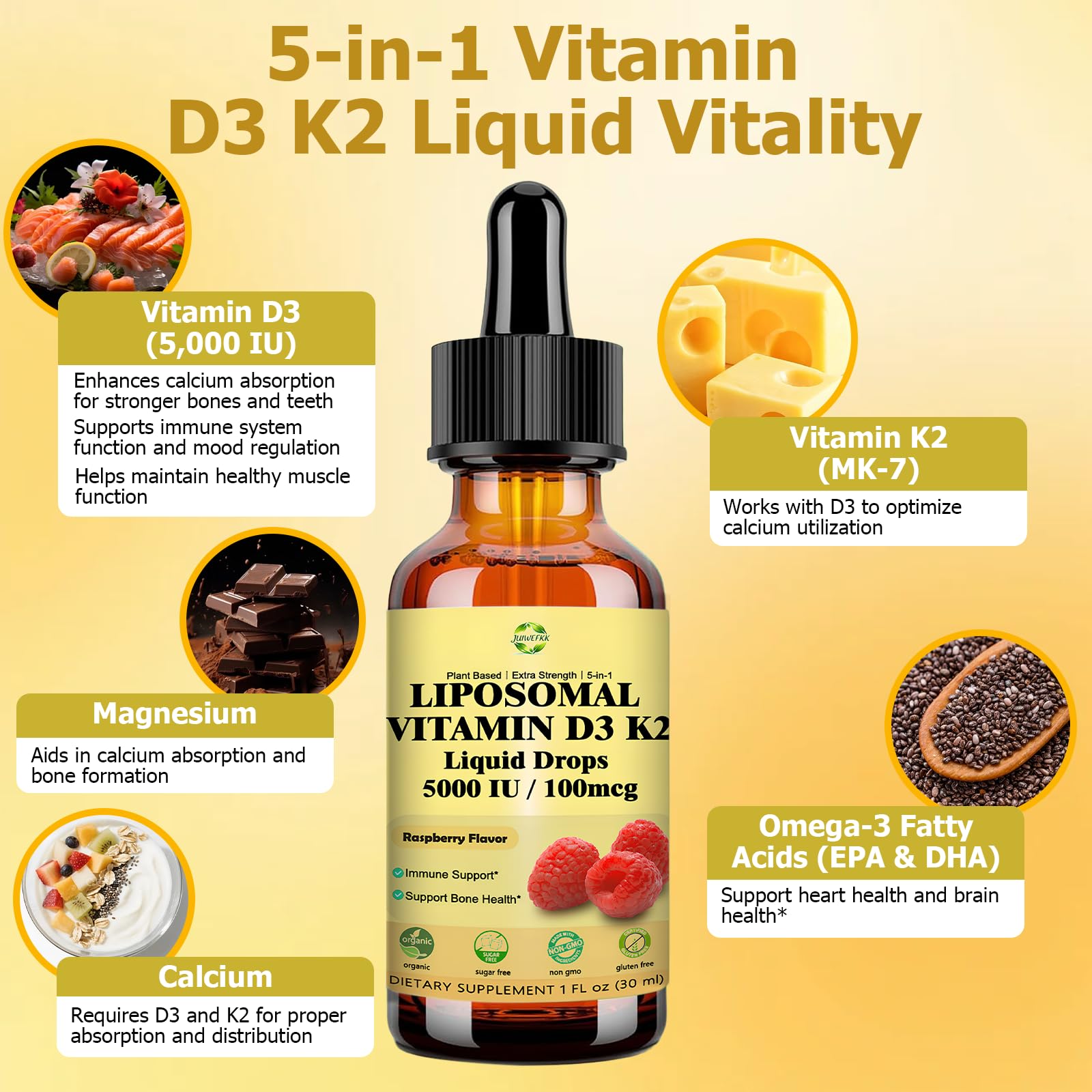 Liquid Vitamin D3 K2 Drops with Calcium Magnesium Omega3, High Potency 5-in-1 D3 K2 Vitamin 5000 IU Supplement for Bone Health, Heart Teeth & Immue, Ultra High Absorption Liposomal D3K2 Plant-Based JUIWEFKK Au supplements