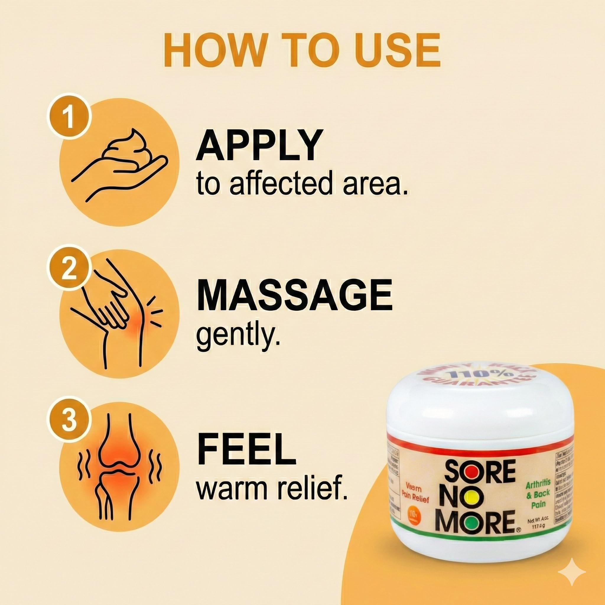 Sore No More Warm Arthritis Pain Relief Cream – Targeted Reliever for Back, Neck, Hands & Feet – Soothing & Fast-Acting Formula for Aches and Pains – Non-Greasy with Orange Aroma – 4 oz Sore No More Au supplements