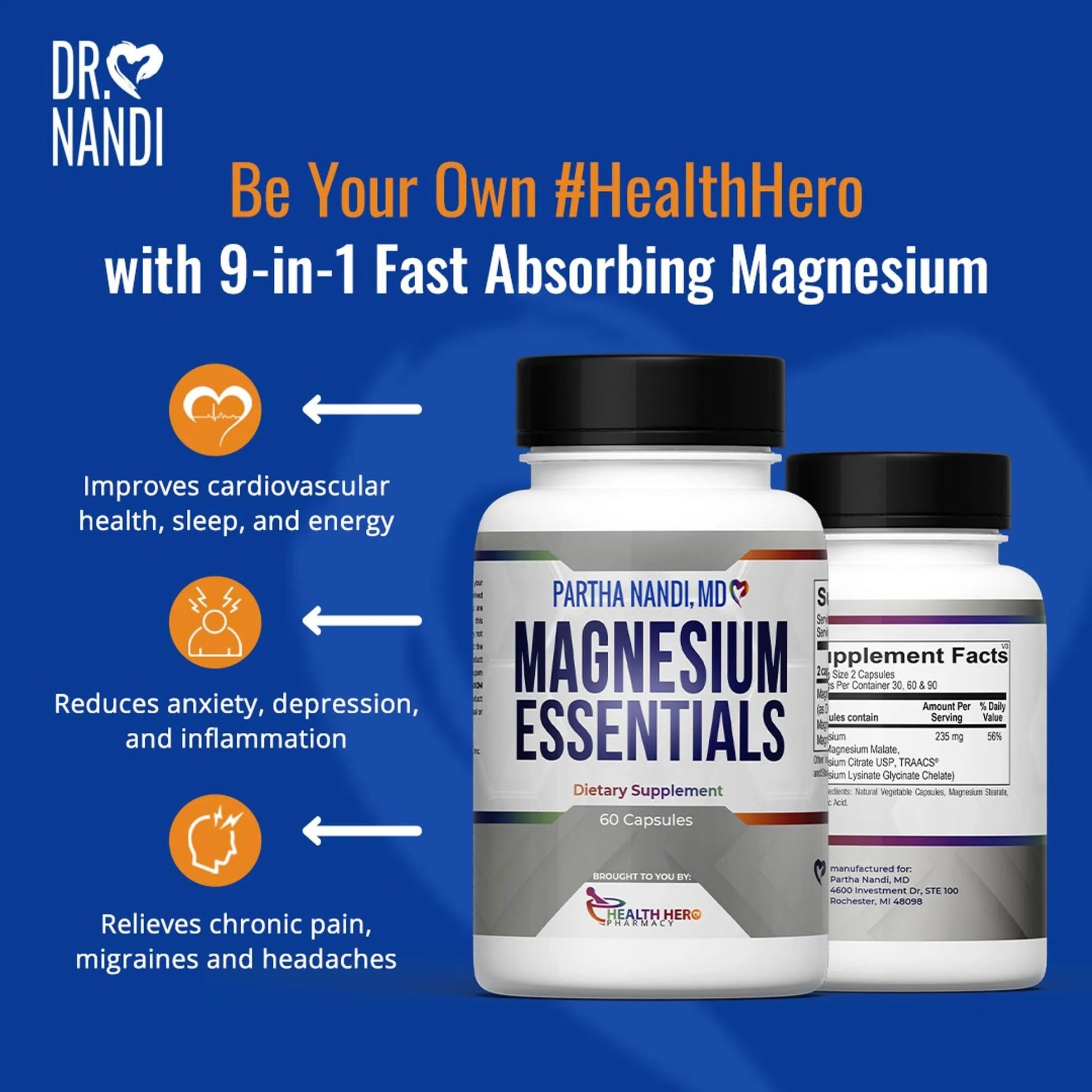 Triple Magnesium Citrate, Malate & Glycinate Complex Supplement – Supports Sleep, Stress, Muscle, Nerve & Heart Health – Advanced High-Absorption Formula – 235mg – 60 Capsules Partha Nandi, MD Au supplements