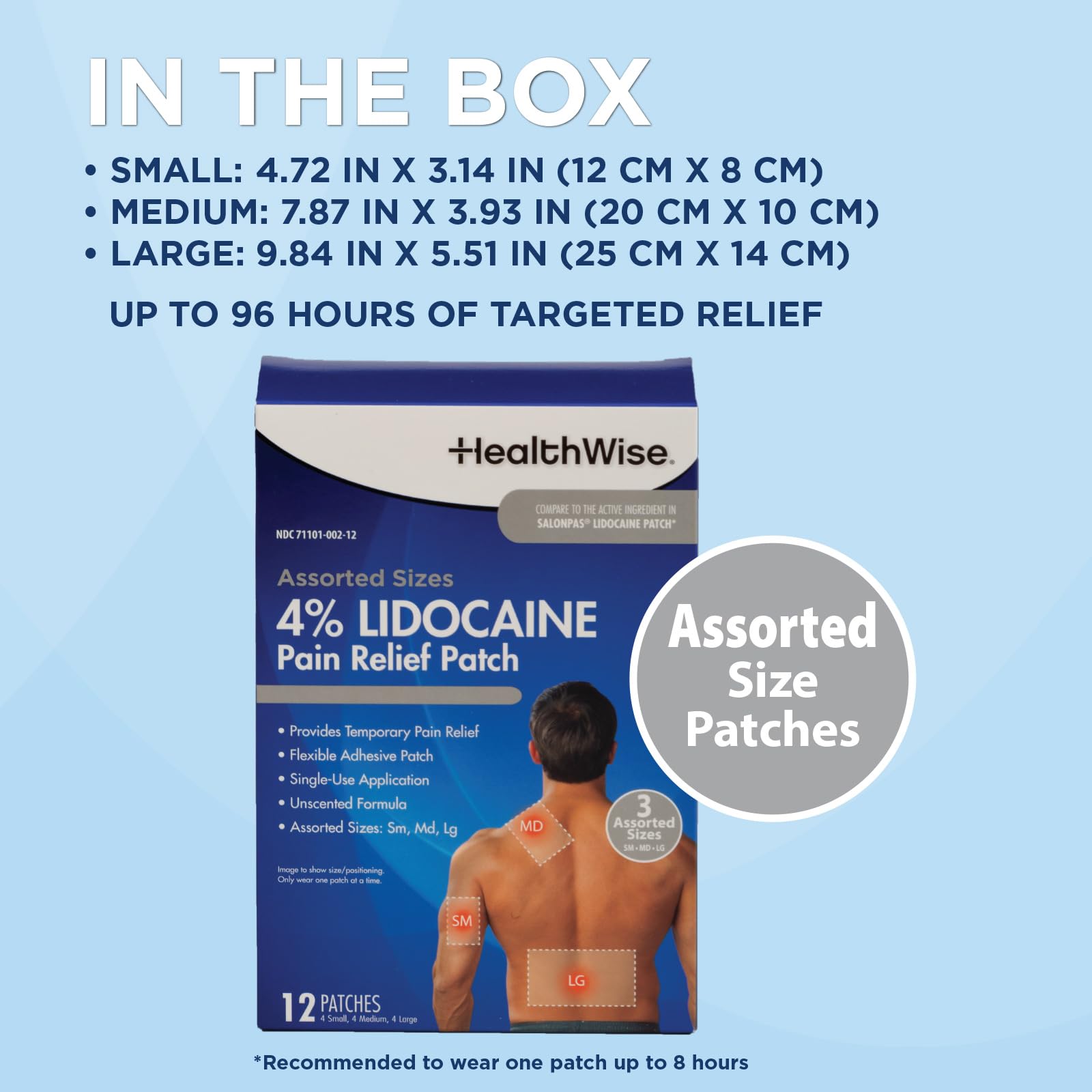 HealthWise Lidocaine Pain Patch | 4% OTC Lidocaine | 12-Count Assorted Sizes | Paraben-Free Formula | Temporarily Soothes Minor Aches and Pains | Unscented | Flexible Application HealthWise Au supplements