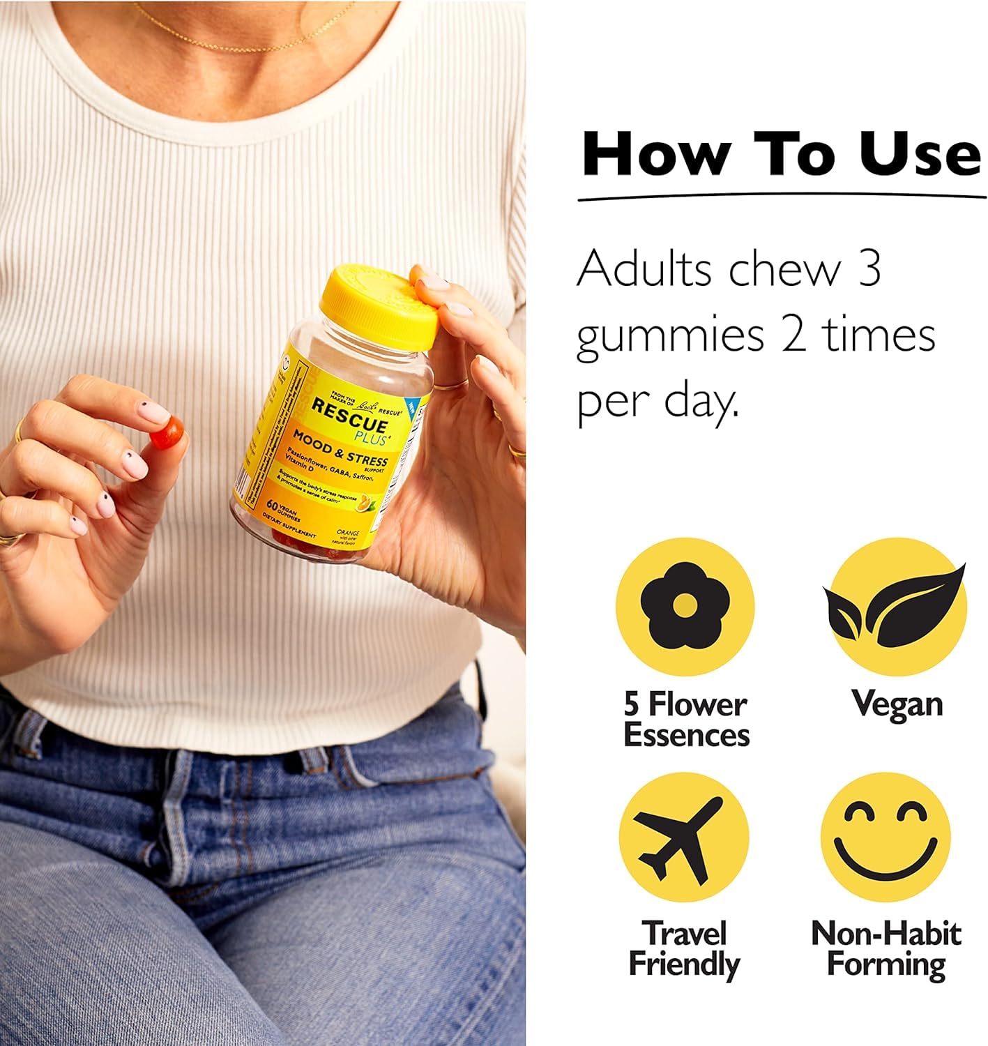RESCUE Bach Plus Mood & Stress Support Gummies, Daytime Dietary Supplement with Passionflower, GABA, Saffron & Vitamin D, Natural Orange Flavor, Vegan & Gluten-Free, 3 Pack, 180 Count Total RESCUE Au supplements