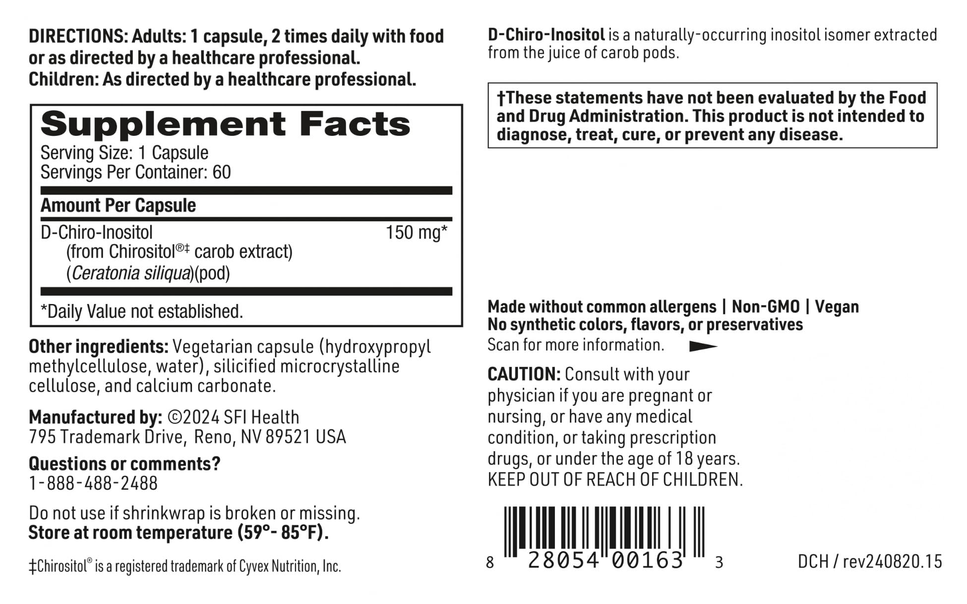 SFI Health Klaire Labs D-Chiro-Inositol - 150 Milligrams Hypoallergenic Supplement (60 Capsules) SFI Health Au supplements