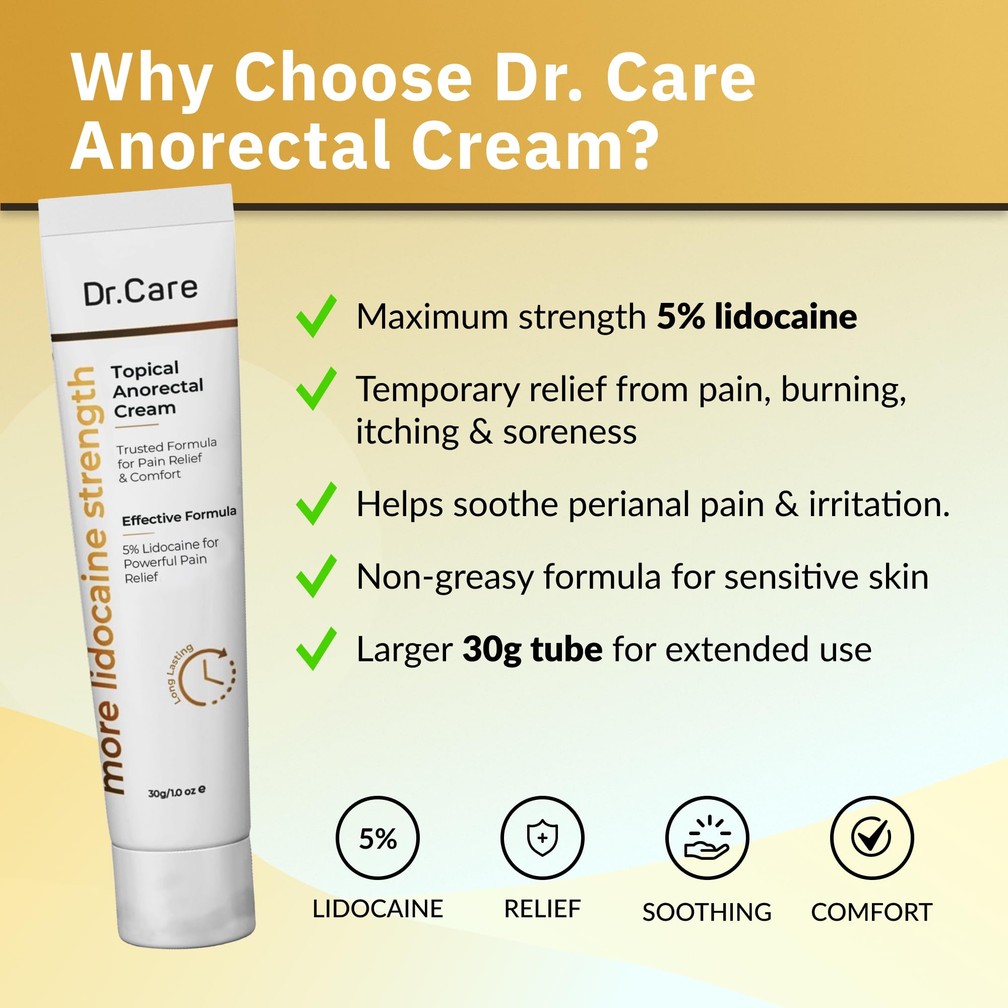 Dr Care Anorectal Cream with 5% Lidocaine - Maximum Strength Topical Anesthetic for Hemorrhoid Relief, Itching, & Burning (1.0 oz) Dr Care Au supplements
