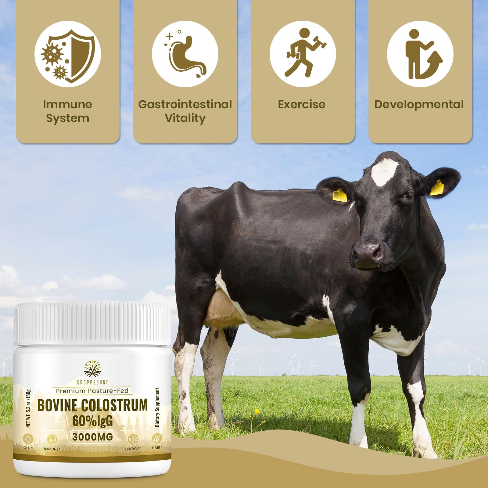 Kroppssund Bovine Colostrum Powder Supplement 3000 mg - Extra High 60% IgG Bovine Colostrum - Gut, Bone, Exercise, Immune - 50 Servings (1 Bottle) Kroppssund Au supplements