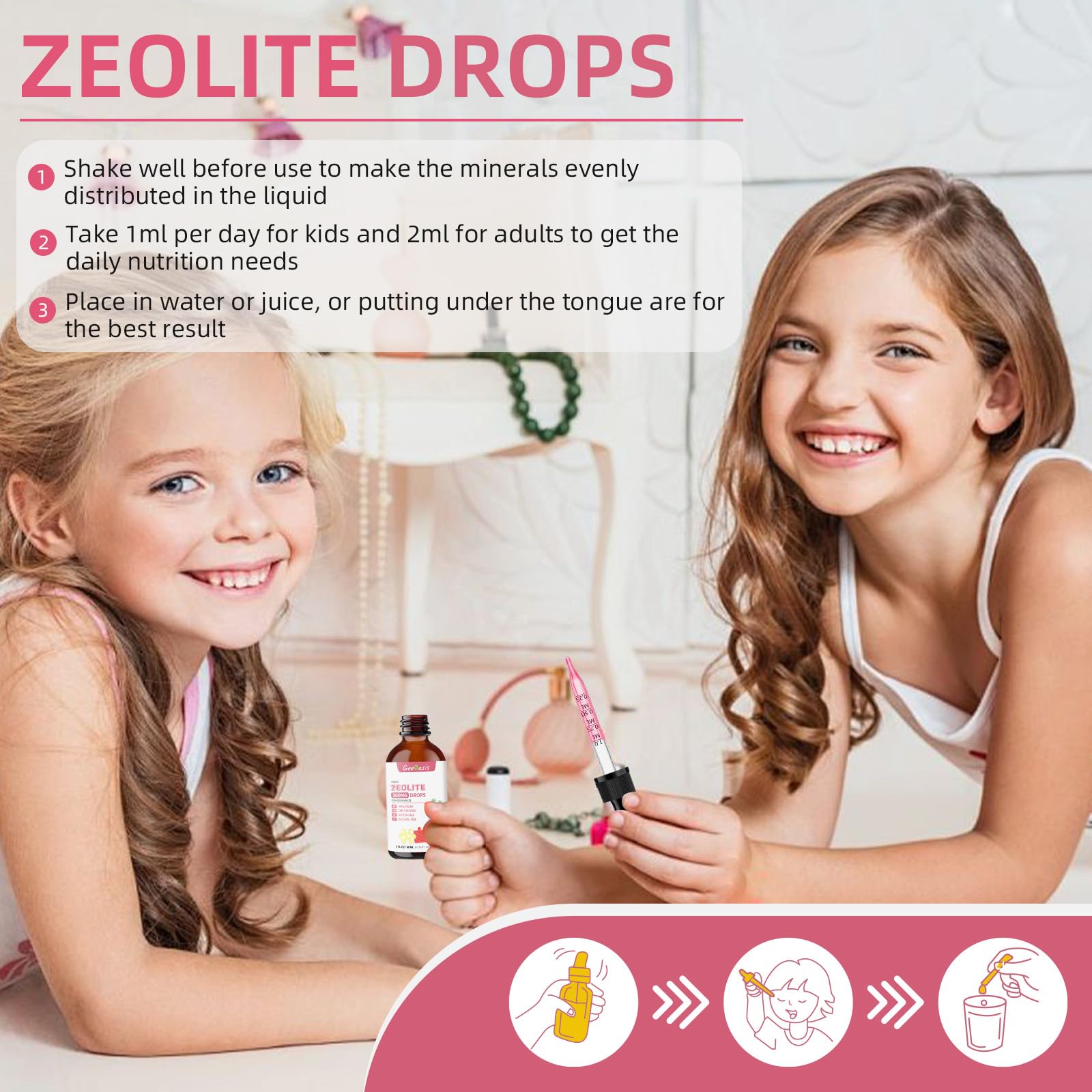 Geeoasis Zeolite Detox for Kids & Adults, 300 mg Zeolite Clinoptilolite Liquid with Vitamin B12 & D3, Vitamin C & Zinc Gluconate, Immune Support & Gut Health, Natural Strawberry Flavor, 2 Fl Oz Geeoasis Au supplements