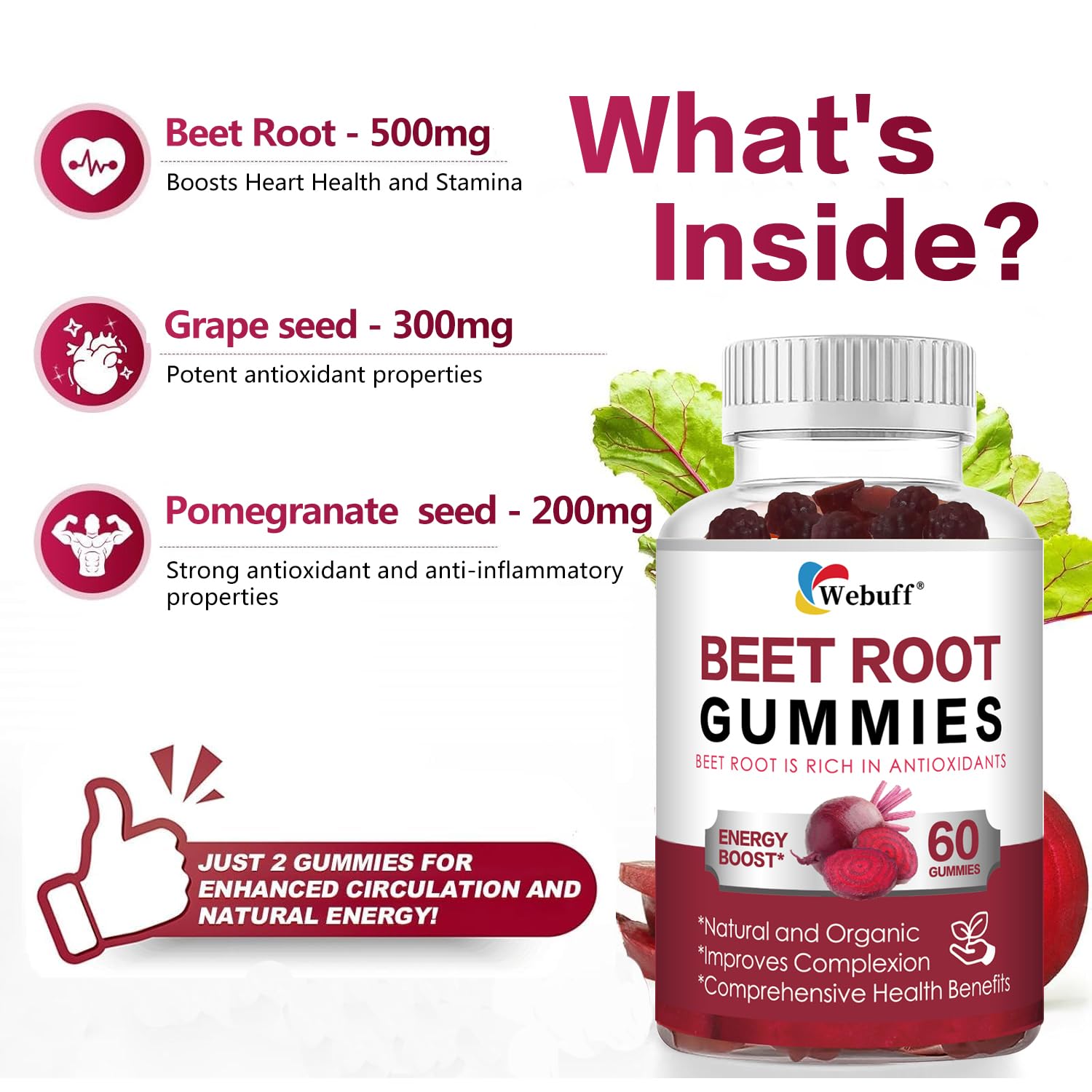 Webuff Beet Root Gummies - Nitric Oxide Booster with Organic Beet, Pomegranate & Grape Seed, Vitamin B12 - Energy, Circulation & Heart Health Support, Vegan, Non-GMO, 60 Count (Pack of 1) Webuff Au supplements