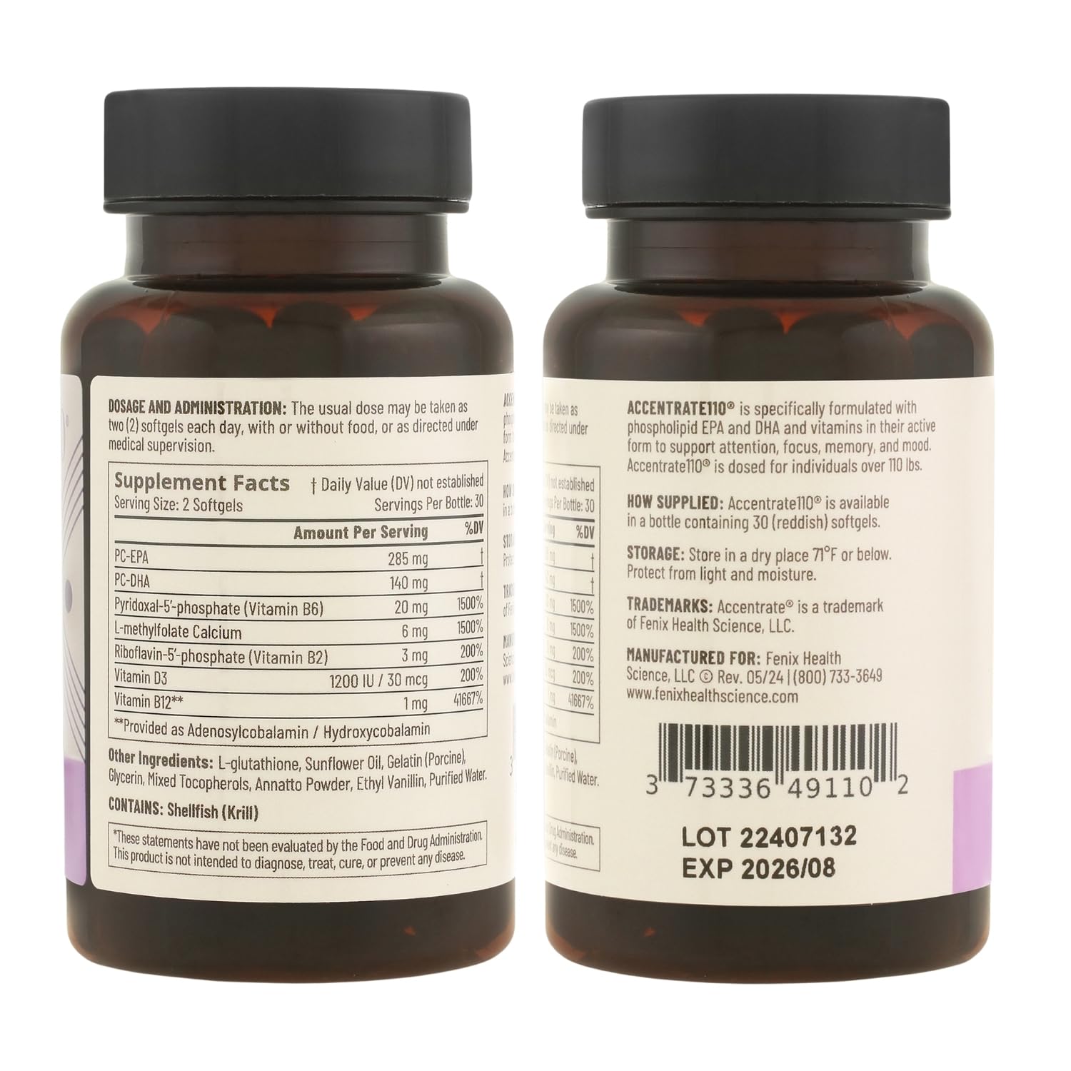 Accentrate110 - Focus Supplement - Methylated Vitamin B Complex with Omega 3 Fatty Acid Supplement - L-Methylfolate, Vitamin B12, P-5-P, Riboflavin, VIT D, – 60 Softgels (1 Month Supply) Accentrate Au supplements