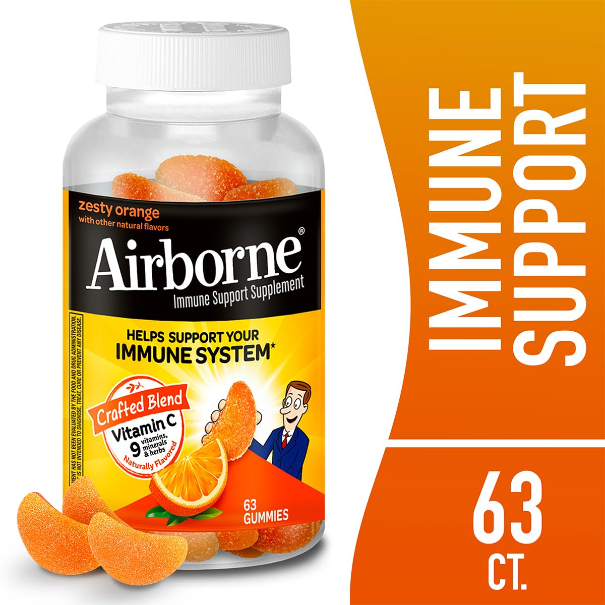 Airborne 750mg Vitamin C Immune Support Supplement Gummies for Adults, Zesty Orange Flavor, Gluten Free Crafted Blend with Powerful Antioxidants Vitamins A C & E, 63 Gummies (3 Pack) Airborne Au supplements