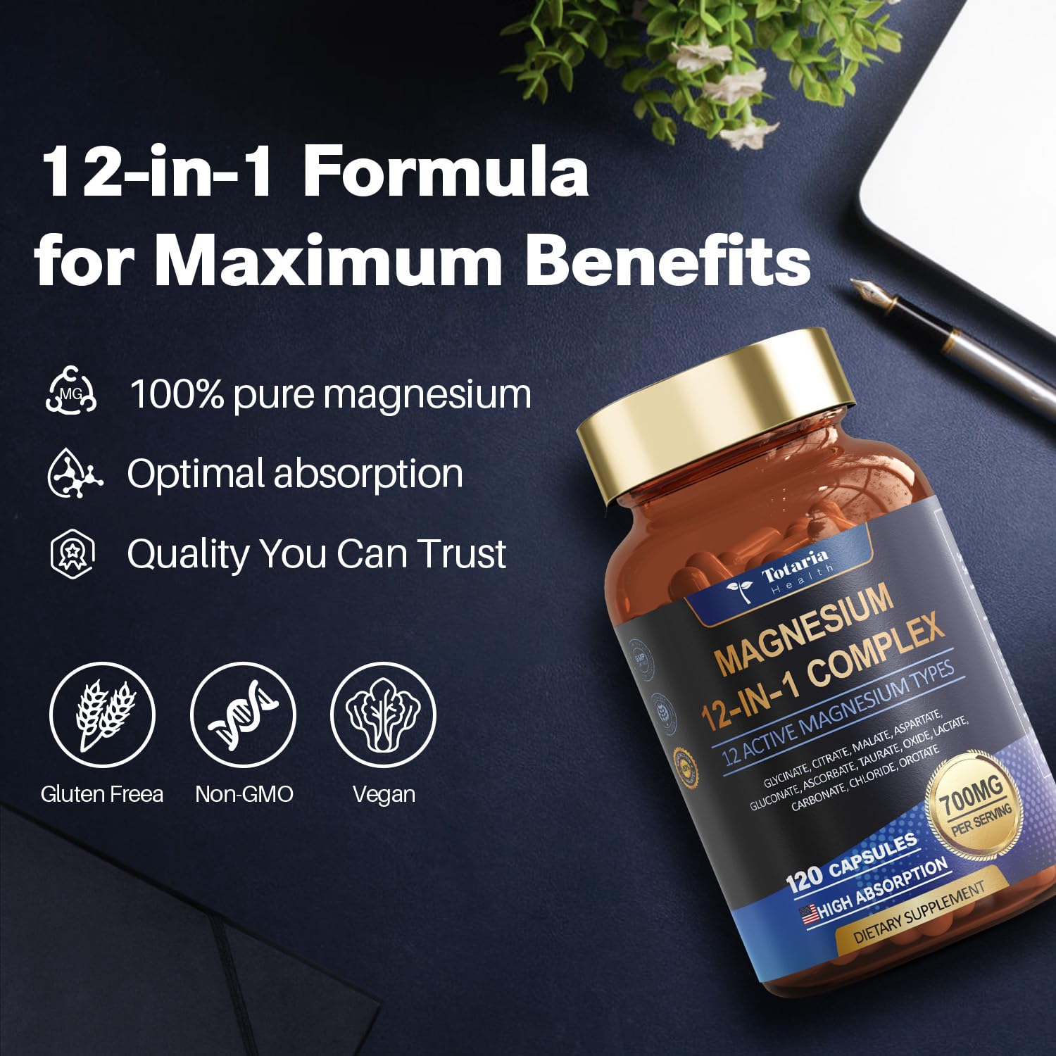 Magnesium Complex 700mg 12 in 1 Magnesium Supplement with Glycinate Citrate Malate Oxide Taurate Aspartate Orotate Magnesium Relaxation,Muscle,Heart Support, Vegan 120 Capsules 2PK Totaria Au supplements