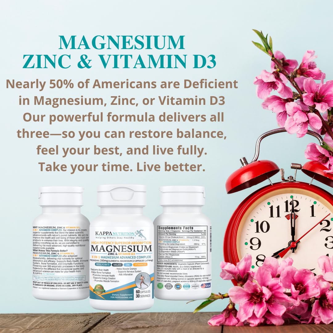 Kappa Nutrition Magnesium 4-in-1, 280mg Elemental Magnesium (Bisglycinate, Malate) + Zinc & Vitamin D3, Brain, Sleep, Energy, Muscle, Immune Support, 60 Vegan Capsules. KAPPA NUTRITION Au supplements