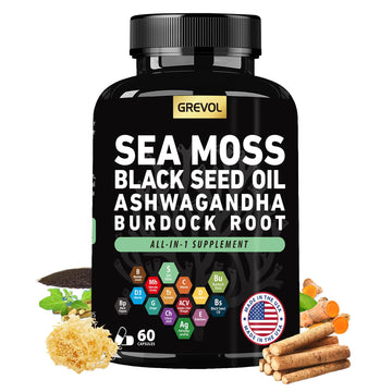 Sea Moss Black Seed Oil Ashwagandha Bladderwrack Burdock Root Turmeric & Vitamin C D3 Elderberry ACV Black Pepper - Multimineral Supplement - 60 Count Grevol Au supplements