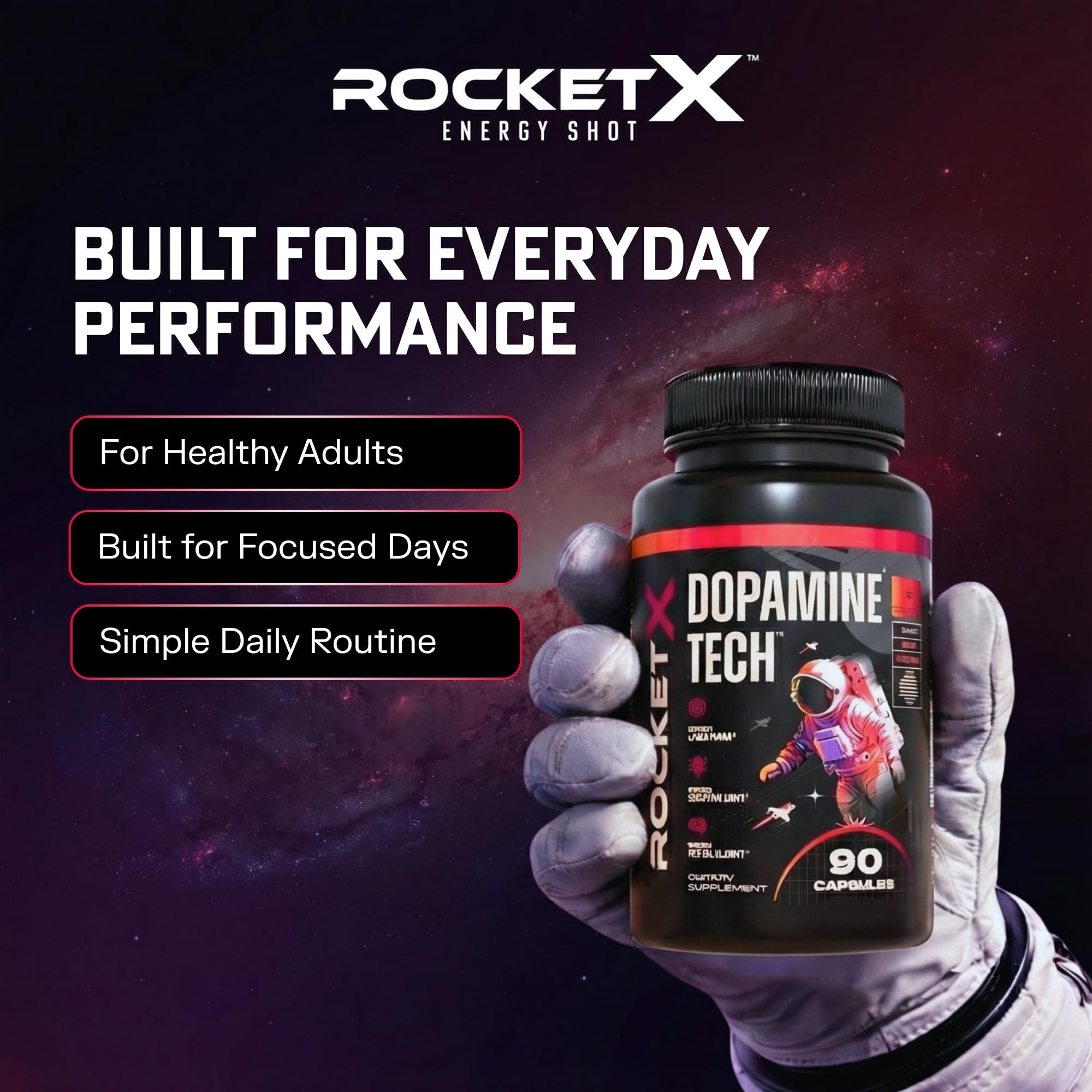 RocketX Dopamine Tech Brain Food Supplement, with L-Tyrosine and B Vitamins for Focus, Mental Clarity and Cognitive Drive, Vegan Capsules, 90 Capsules RocketX Energy Au supplements