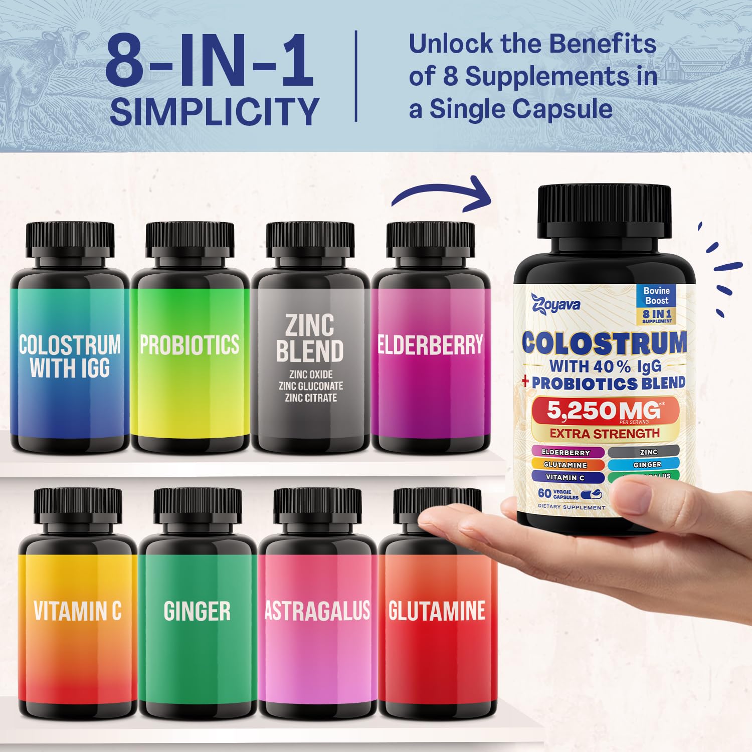 Zoyava Sea Moss 16-in-1 Blend 19,445 MG (60 Caps) and Colostrum 8-in-1 5,250 MG Zoyava Au supplements