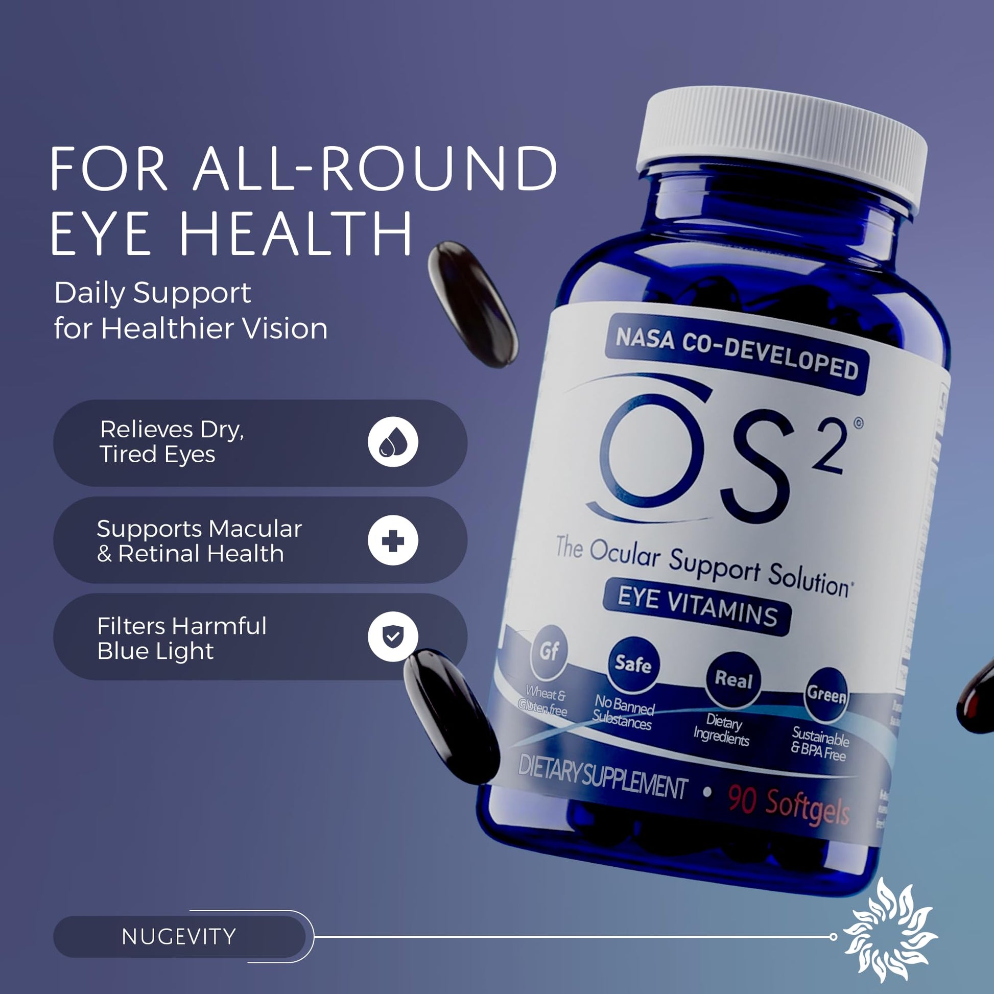 Nugevity OS2 Ocular Support Solution - Patented Eye Vitamins for Macular Health, Dry Eye and Blue Light - Lutein, Zeaxanthin, Omega 3, Astaxanthin and AREDS2 Supplements, Co-Developed by NASA, 90 ct Nugevity Au supplements