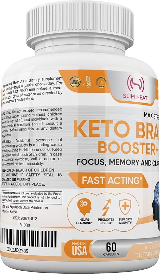 Keto Brain Booster - Brain Supplement - Focus, Concentration, Memory Neuro Supplement for Women & Men - Supports Learning, Energy, Immunity - All Natural, Non GMO, Made in USA - 60 Capsules Slim Heat Au supplements