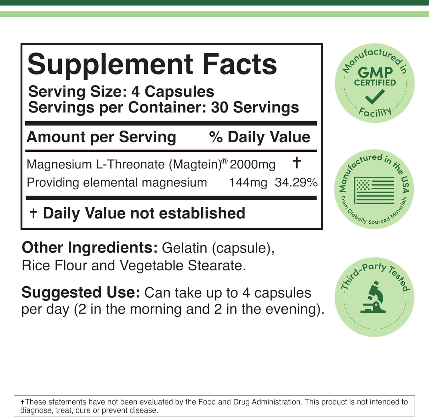Magnesium L Threonate, Magtein - NSF Certified - Sleep and Cognitive Support – High Absorption – Most Bioavailable Form of Magnesium – 2,000 mg – 120 Capsules Double Wood Supplements Au supplements