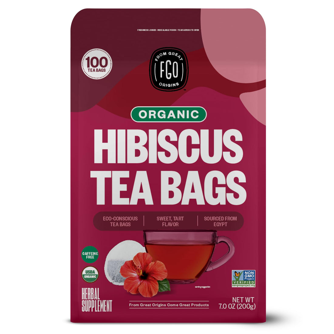 FGO Organic Hibiscus Tea, Eco-Conscious Tea Bags, 100 Count, Packaging May Vary 