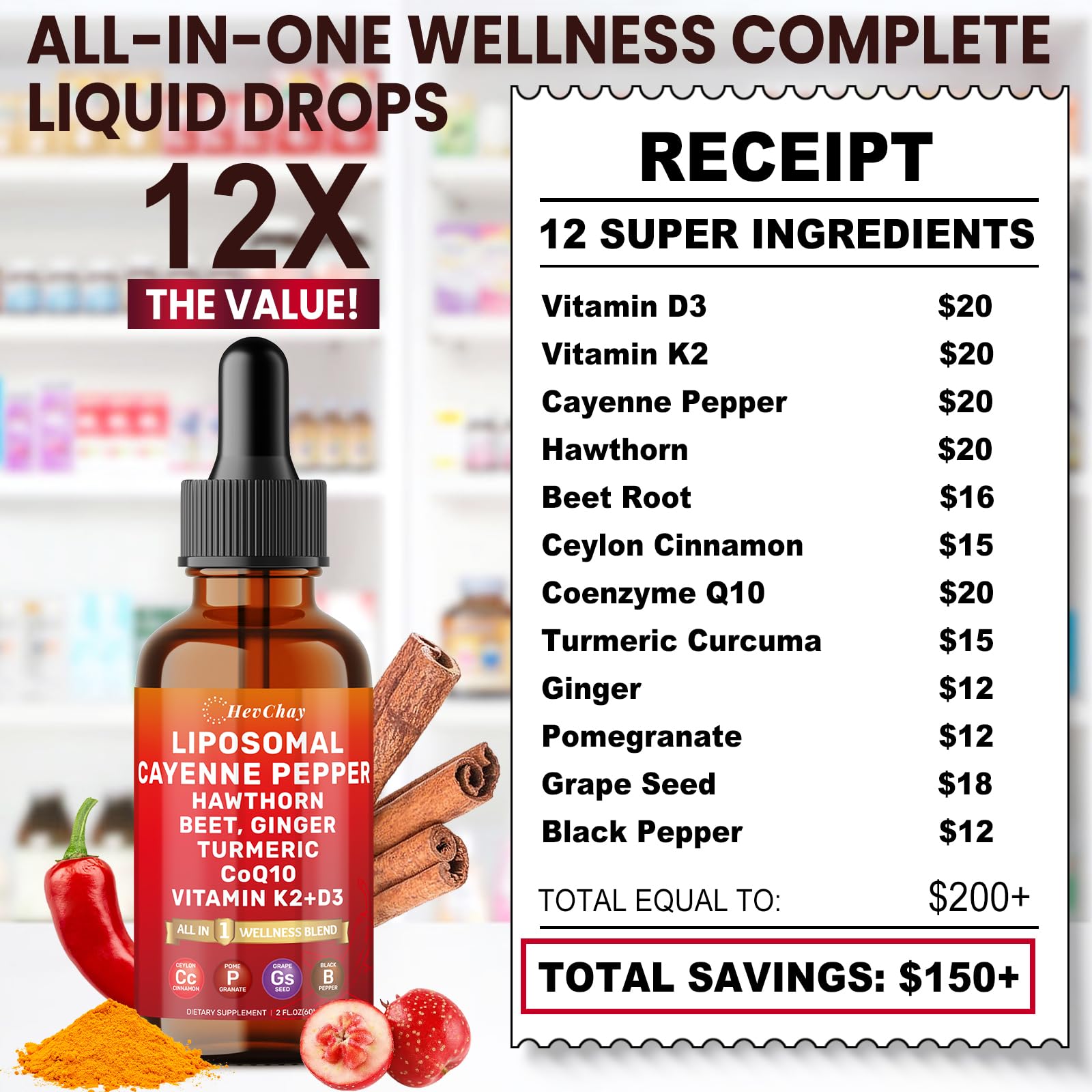 Cayenne Pepper Drops Liposomal Supplement Liquid + Hawthorn Berry, Vitamin D3 K2 Beet Root Powder, Ceylon Cinnamon, CoQ10, Turmeric Curcumin, Cayenne Pepper Extract - 2oz HevChay Au supplements