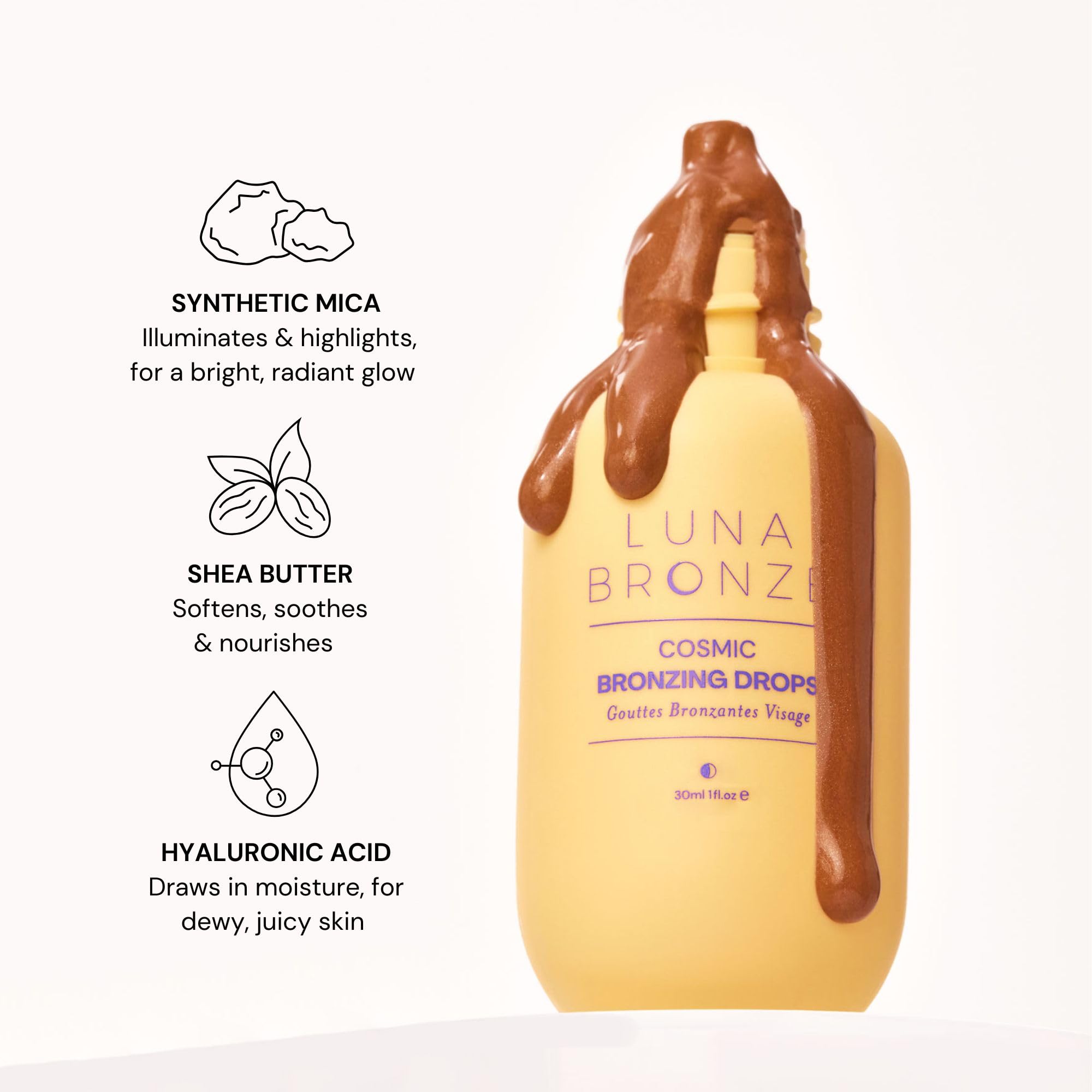 Luna Bronze Cosmic Bronzing Drops | Lightweight, Hydrating & Washable Liquid Bronze Drops | Non-Greasy Formula Enriched with Sodium Hyaluronate & Shea Butter | Responsible Mica (30ml/1.01 fl. oz) Luna Bronze Au supplements