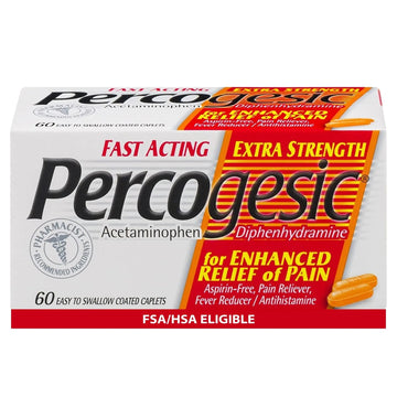 Percogesic Extra Strength Acetaminophen & Diphenhydramine Pain Relief, Fast-Acting Aspirin-Free Fever Reducer & Antihistamine, 60 Count Percogesic Au supplements