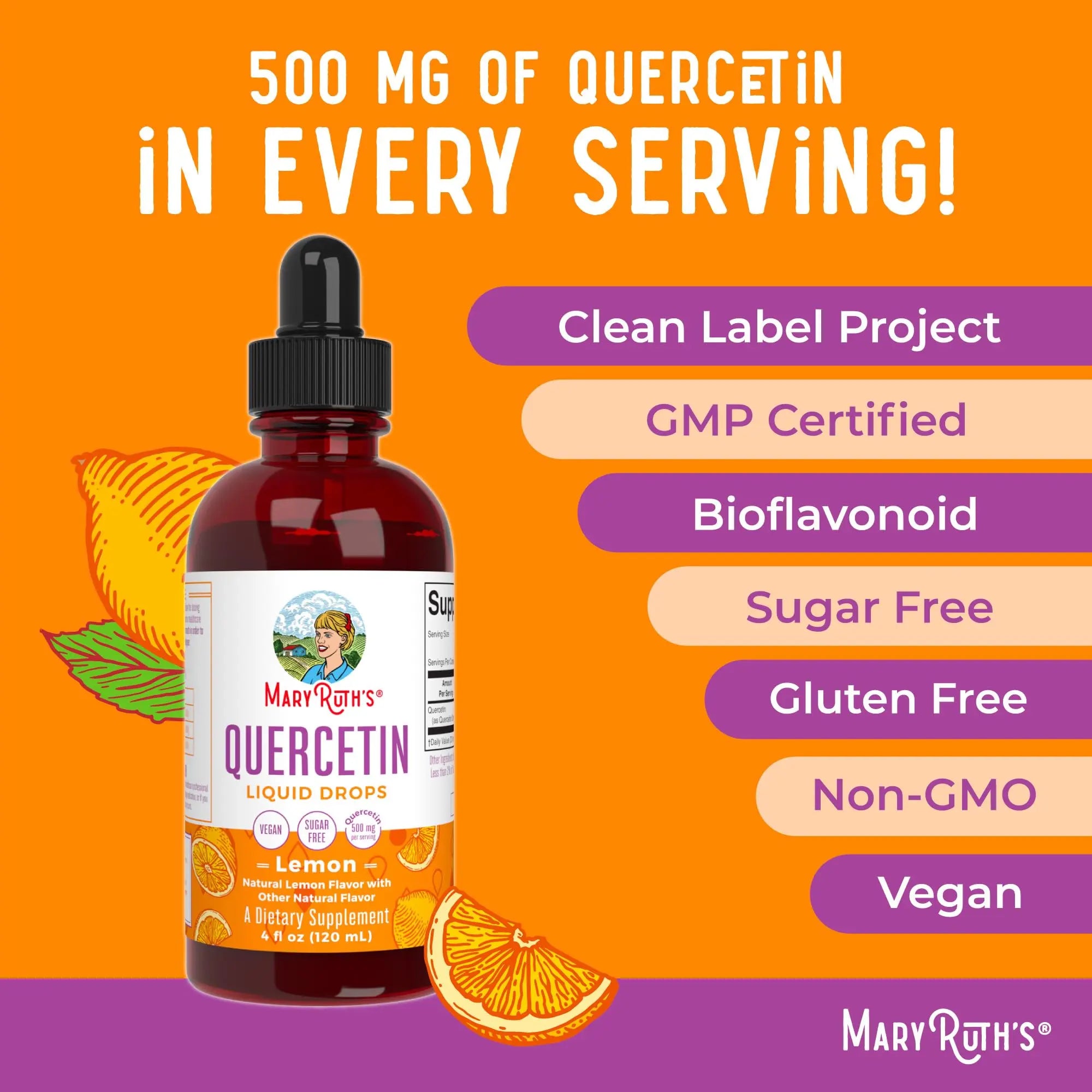 MaryRuth Organics Quercetin Liquid Drops | Sugar Free | 500mg for Adults 18 & Over | Cardiovascular Health for Adults | Bioflavonoid | Vegan | Non-GMO | Gluten Free | 4 Fl Oz MARYRUTH'S Au supplements
