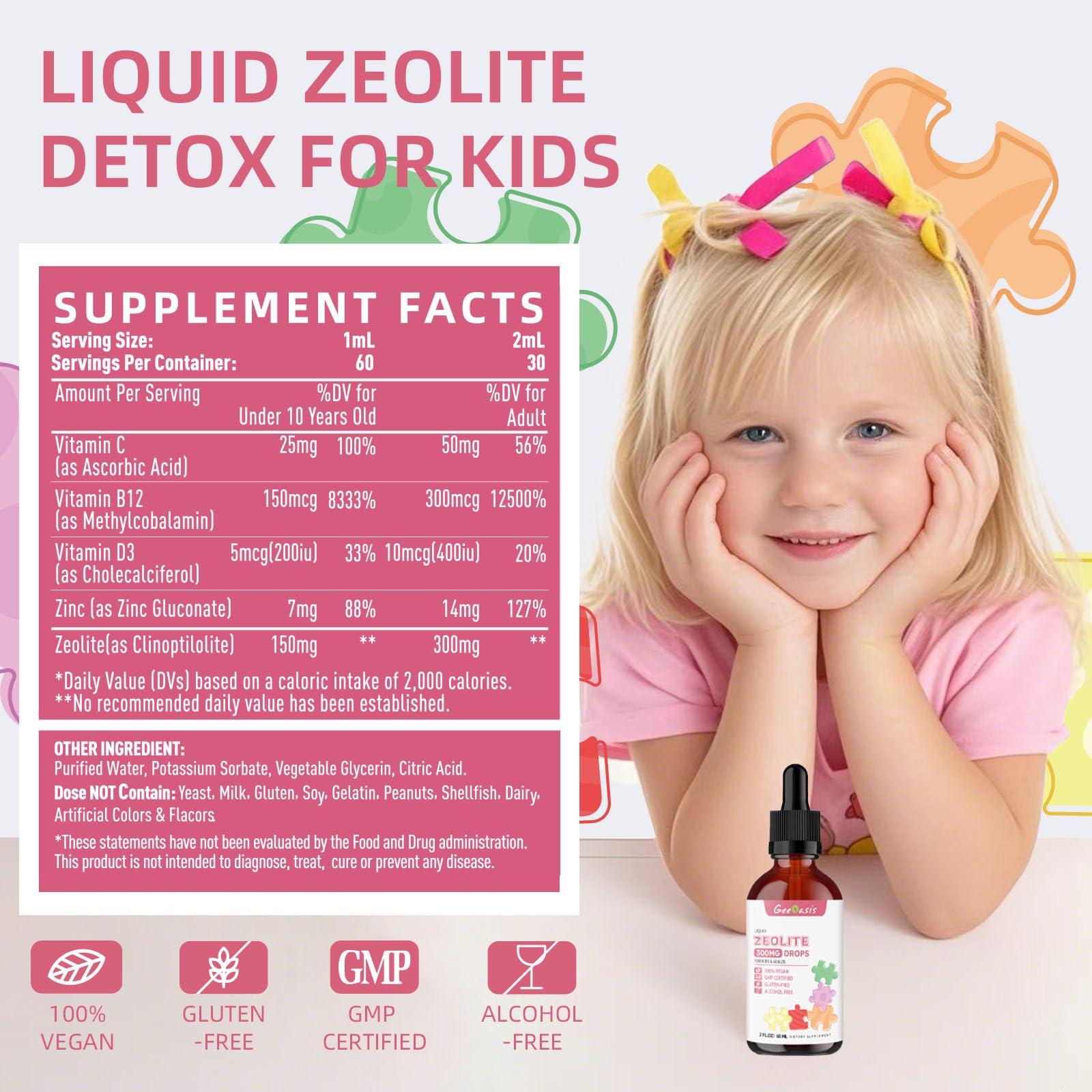Geeoasis Zeolite Detox for Kids & Adults, 300 mg Zeolite Clinoptilolite Liquid with Vitamin B12 & D3, Vitamin C & Zinc Gluconate, Immune Support & Gut Health, Natural Strawberry Flavor, 2 Fl Oz Geeoasis Au supplements