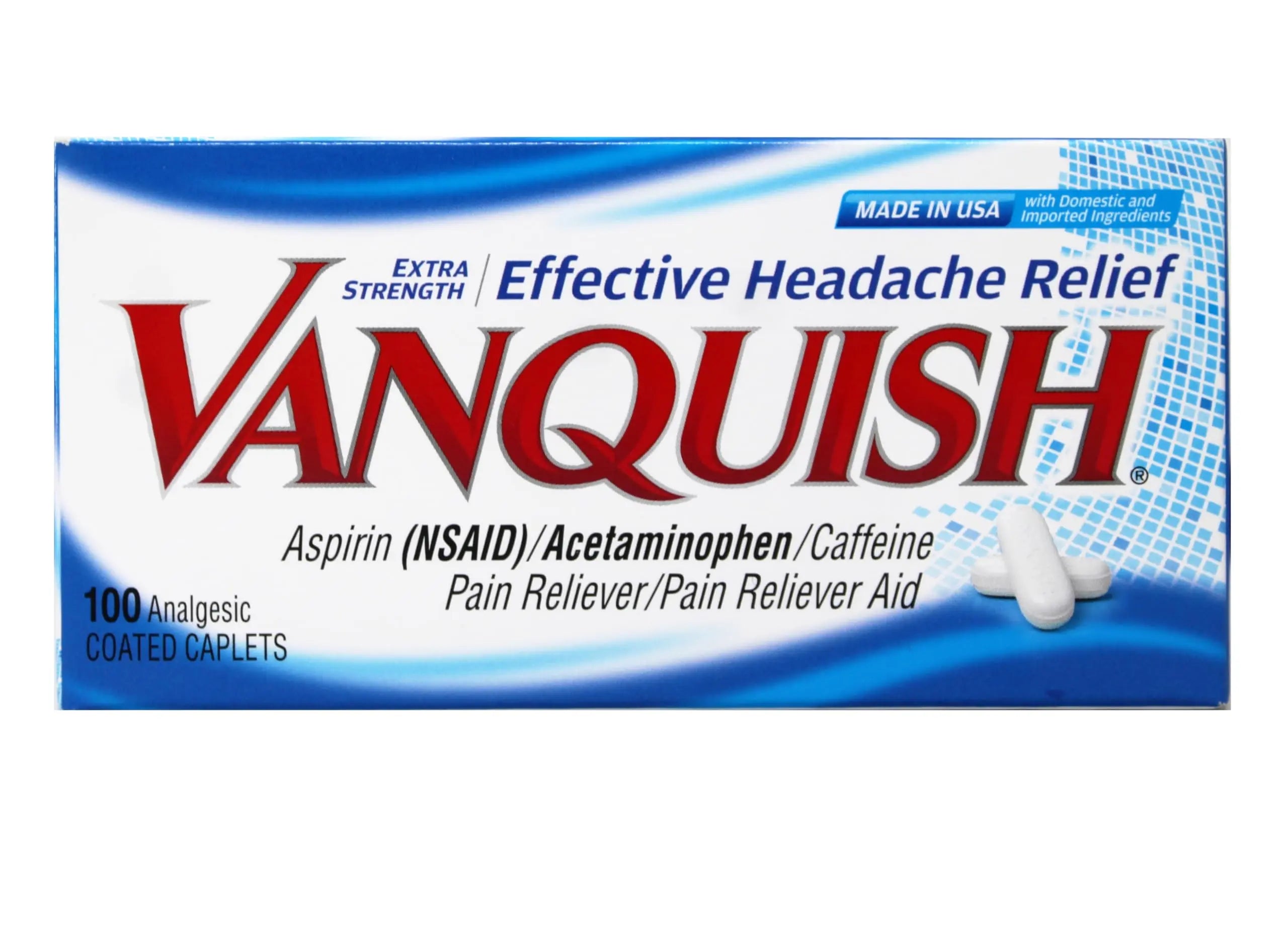 Vanquish Effective Headache Relief – Aspirin (NSAID), Acetaminophen, Caffeine, 100 Analgesic Coated Caplets - 3 Pack Vanquish Au supplements