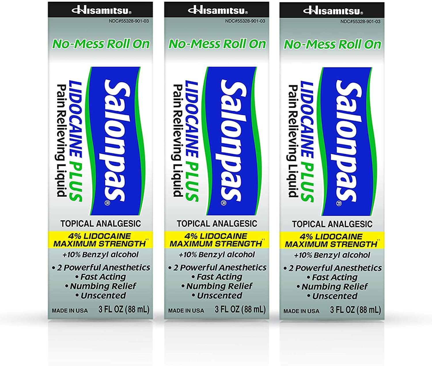 Salonpas LIDOCAINE Plus 3 oz ROLL ON Pain Relieving Liquid! Maximum Strength 4% Lidocaine for Numbing Pain Relief! Mess Free Application! (3 Pack) Salonpas Au supplements