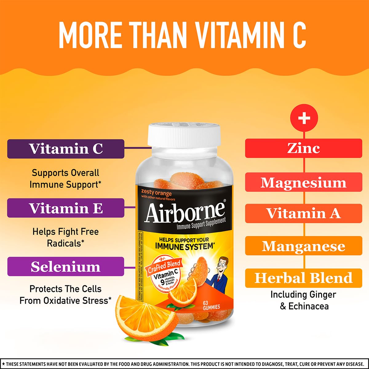 Airborne 750mg Vitamin C Immune Support Supplement Gummies for Adults, Zesty Orange Flavor, Gluten Free Crafted Blend with Powerful Antioxidants Vitamins A C & E, 63 Gummies (3 Pack) Airborne Au supplements