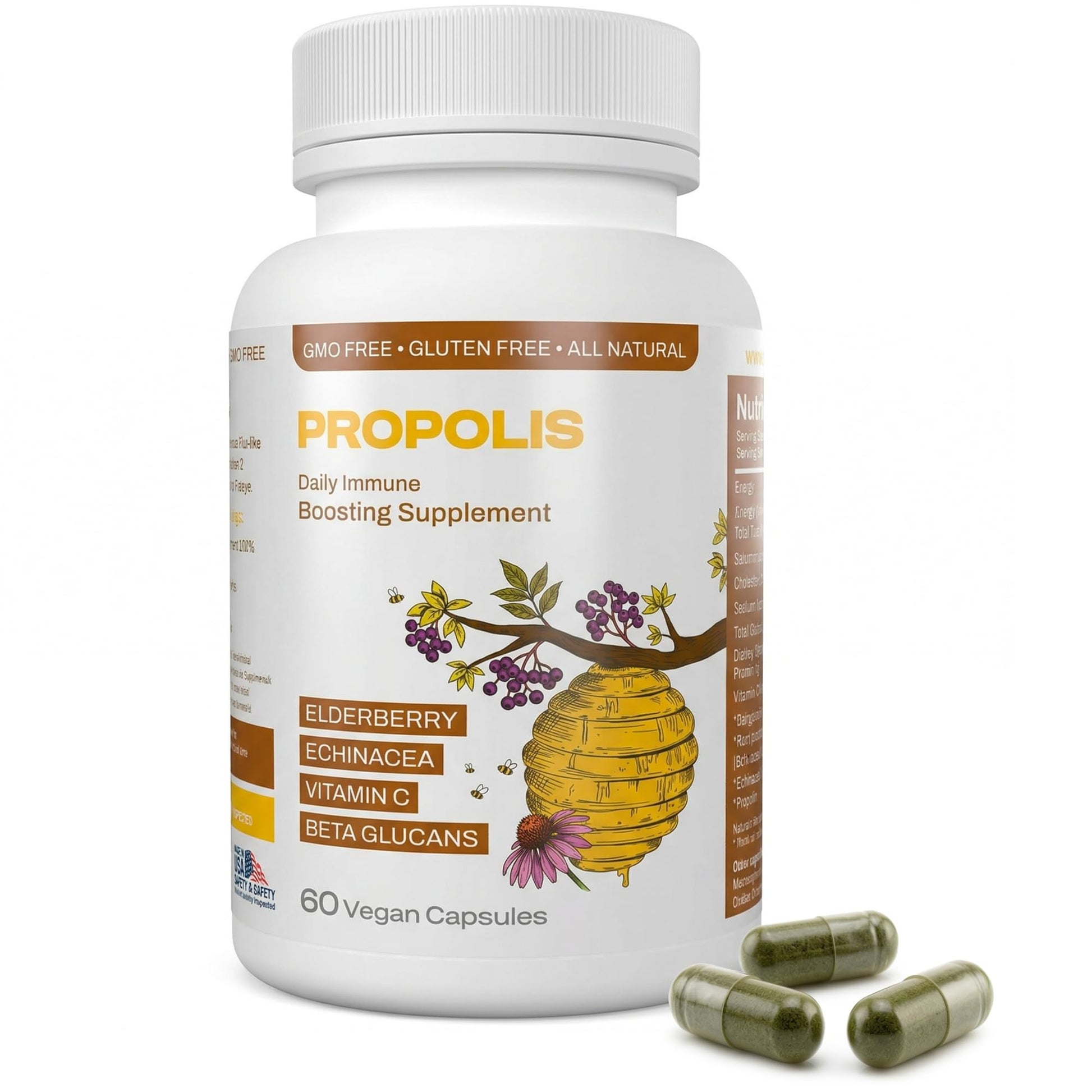 Only Nutri Labs Bee Propolis Dietary Supplement, with Elderberry, Echinacea, Vitamin C and Beta Glucans - Daily Wellness Capsules for Adults (60 Count) Only Nutri Labs Au supplements