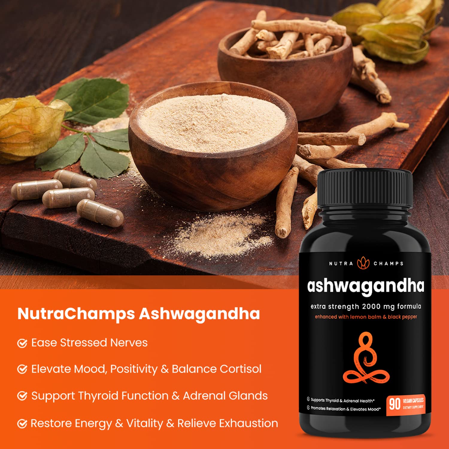 NutraChamps Organic Ashwagandha Capsules, 2000mg Adrenal Fatigue, Thyroid & Mood Support Ashwagandha Supplements, Ashwagandha Root Powder & Lemon Balm, Superior Absorption with Black Pepper NutraChamps Au supplements