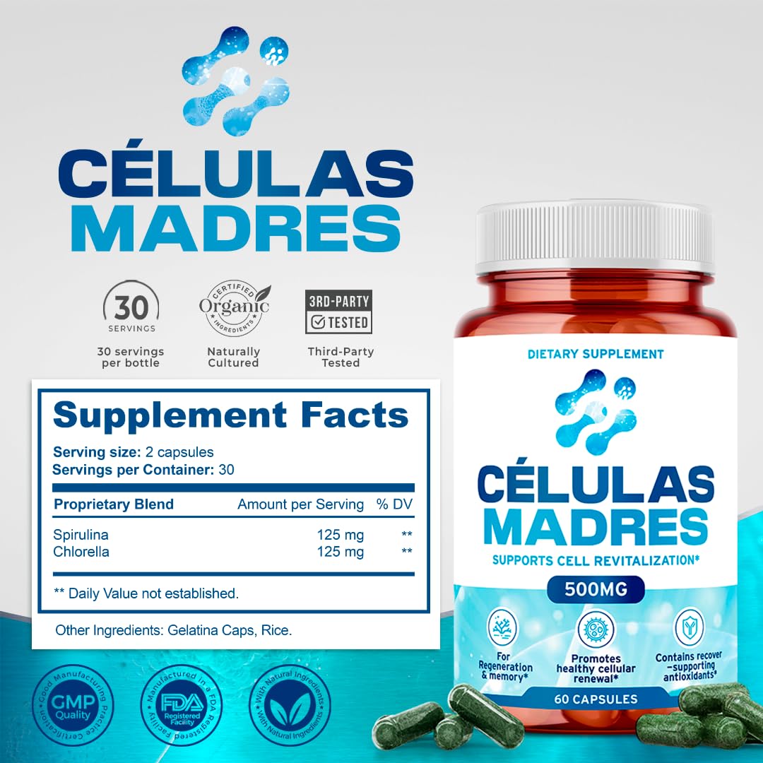 Stem Cell Supplements 500mg (60 Cap) Natural Anti-Aging & Longevity Support with Spirulina & Chlorella, Boost Cellular Renewal, Restore Youthful Energy, Reduce Joint Soreness – Celulas Madre AURA VITAMINS Au supplements