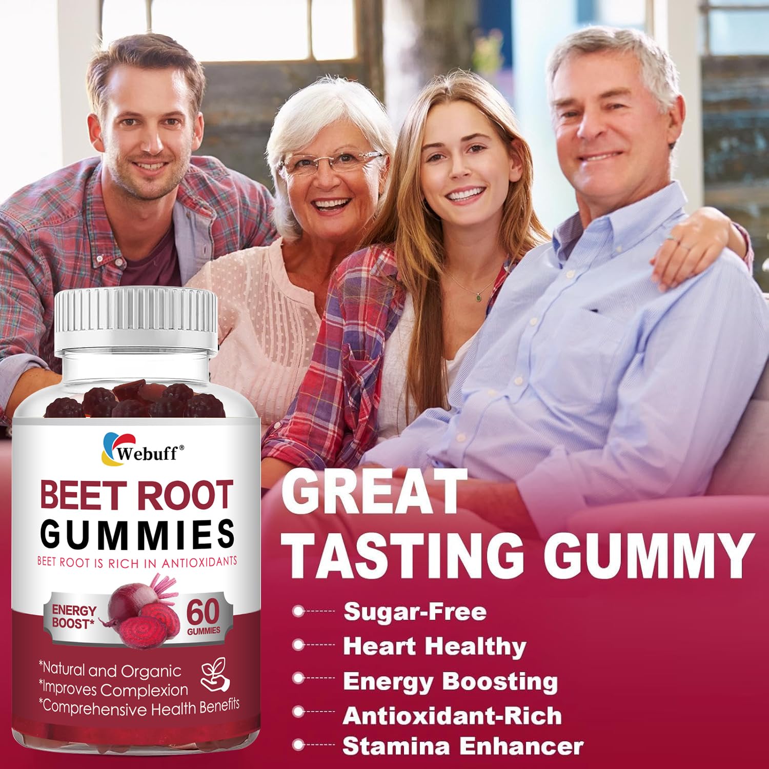 Webuff Beet Root Gummies - Nitric Oxide Booster with Organic Beet, Pomegranate & Grape Seed, Vitamin B12 - Energy, Circulation & Heart Health Support, Vegan, Non-GMO, 60 Count (Pack of 1) Webuff Au supplements