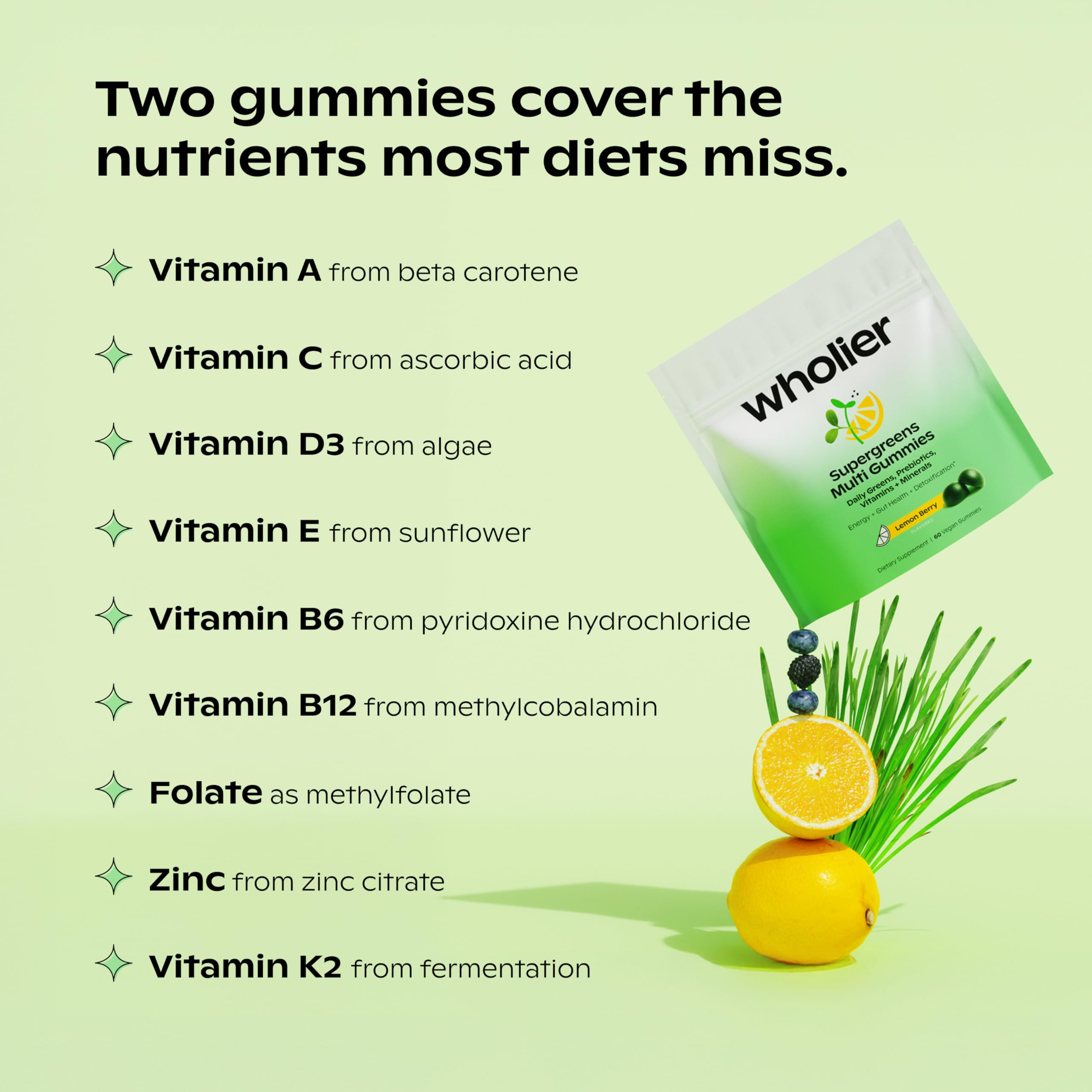 wholier Daily Supergreens Gummies, Greens Supplement with Prebiotics, Fiber, Adaptogens, Vegan Multivitamin, 9 Essential Vitamins + Minerals, 1g Sugar, 2 Gummy Serving (60 Gummies, 30 Day Supply) wholier Au supplements