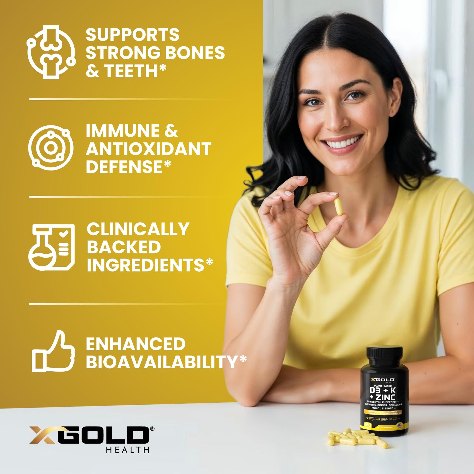 Vitamin D, K2, K1, Zinc, Quercetin, Elderberry, Turmeric, Ginger & Echinacea Whole Food Supplement 8 in 1- D3 5000 IU Plant-Based from Lichen, Vitamin K (K2 MK7, MK4, K1), D3 K2 Vitamins -120 Capsules X Gold Health Au supplements