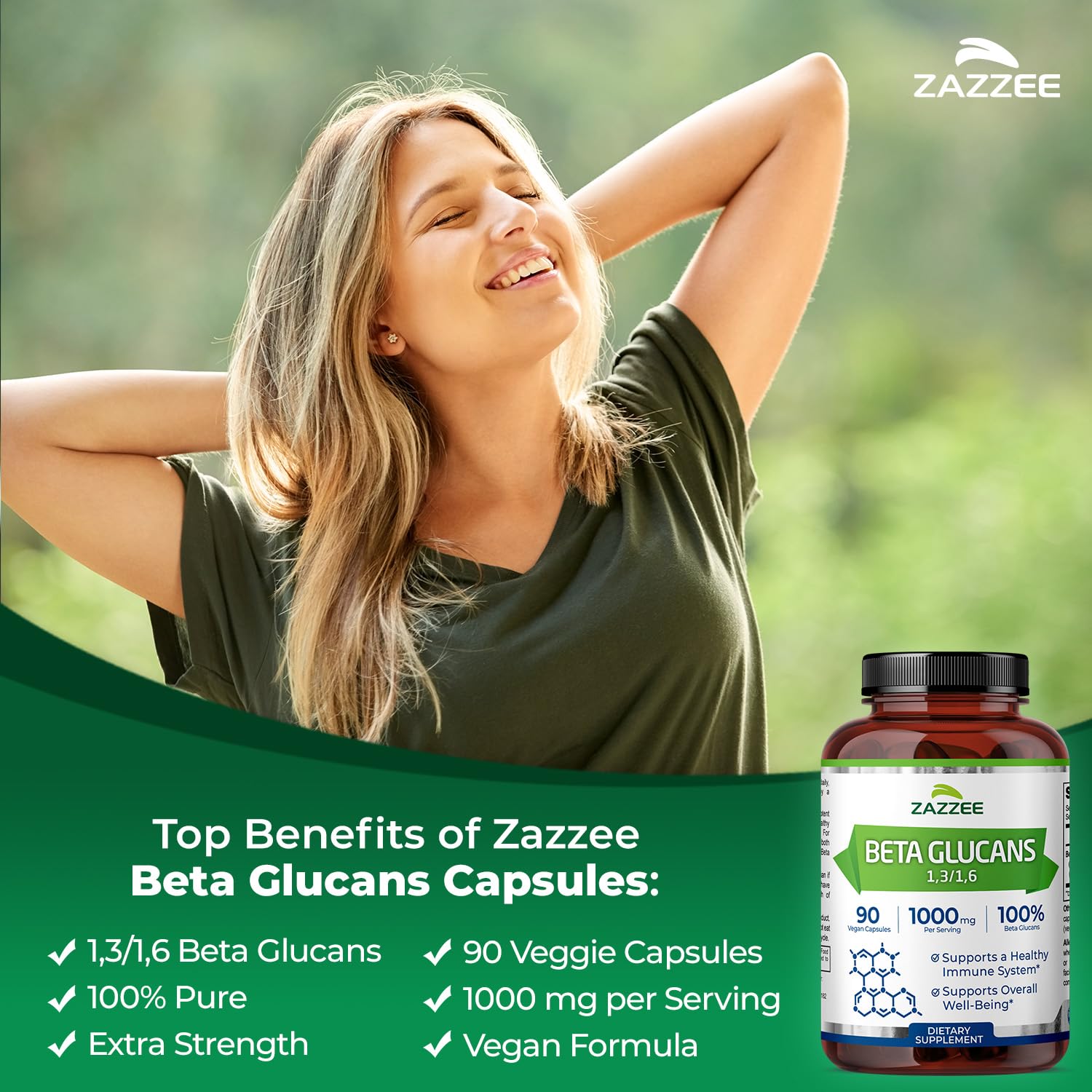 Zazzee Extra Strength 1,3/1,6 Beta Glucans, 1000 mg, 100% Concentrated, 90 Vegan Capsules, Supports a Healthy Immune System, 100% Vegetarian, All-Natural and Non-GMO Zazzee Au supplements