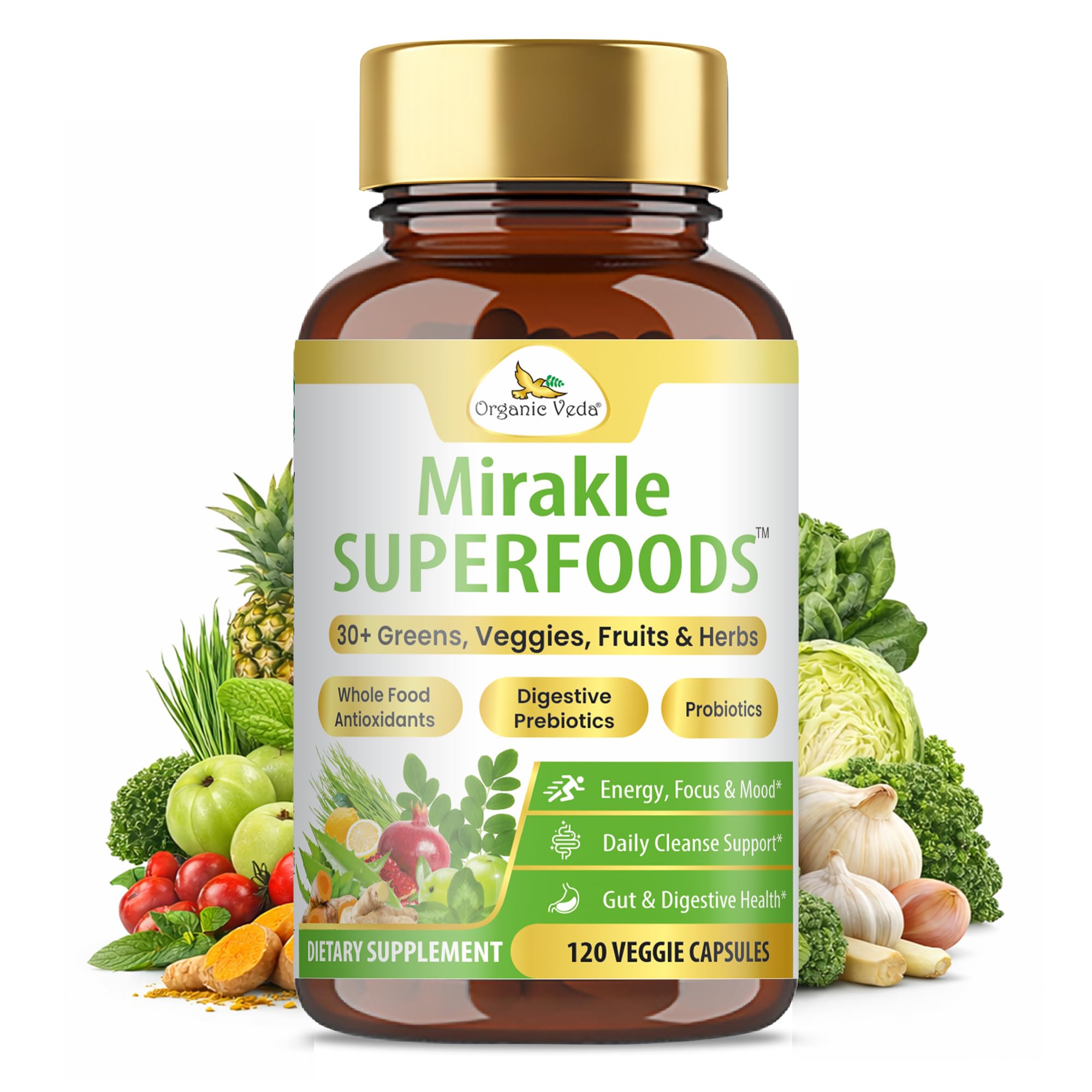 Organic Veda Mirakle Superfoods Greens Capsules - 30+ Daily Greens and Veggies Supplement with Moringa, Spirulina, Chlorella, Turmeric & Herbs, Antioxidants, Resveratrol, Probiotics - 120 Capsule Organic Veda Au supplements