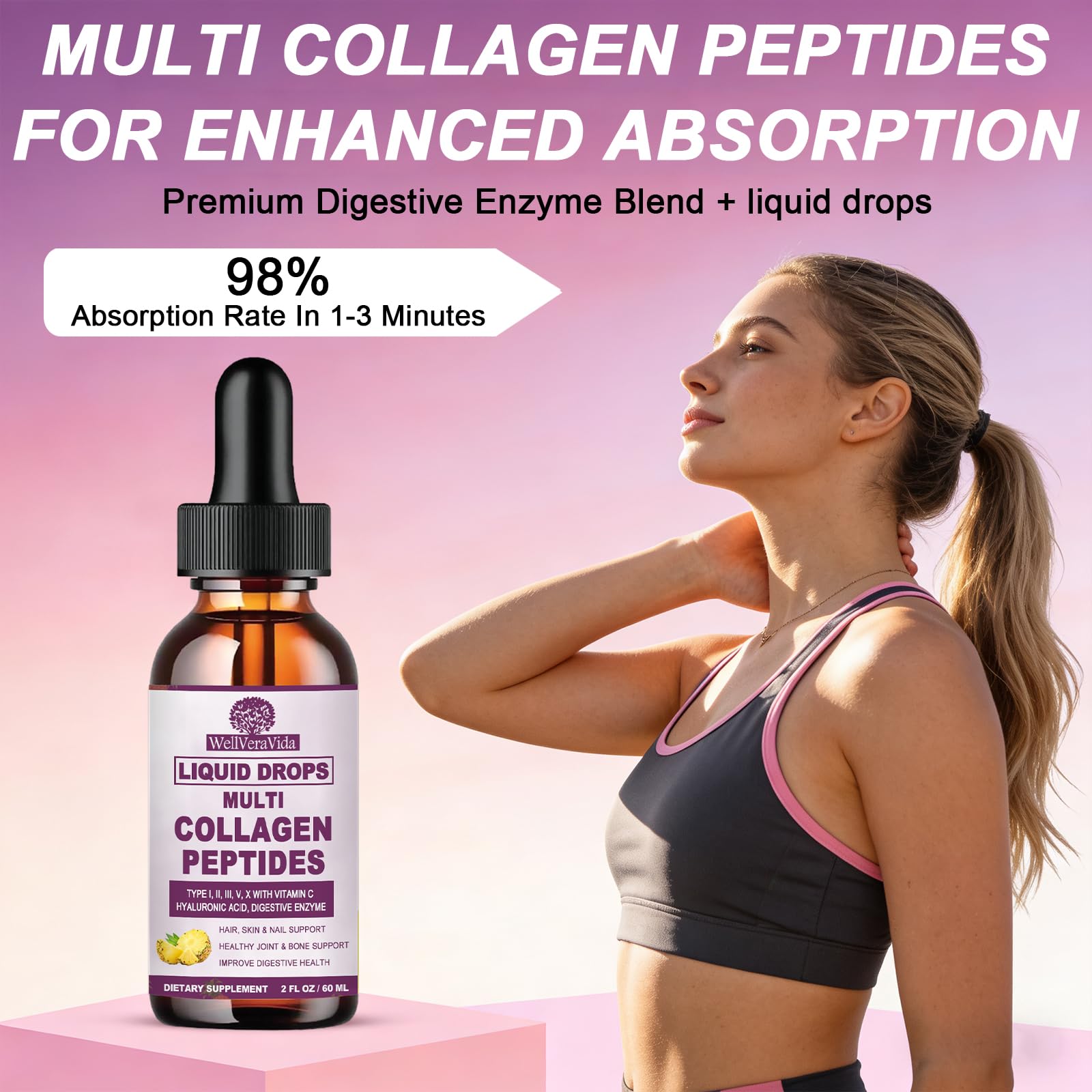 Multi Collagen Peptides Liquid Drops, 2oz – Types I, II, III, V, X, Hydrolyzed Collagen Complex for Hair, Skin, Nails, Bones & Joint Support | Collagen Supplement w. Hyaluronic Acid, Biotin, Vitamin C WellVeraVida Au supplements