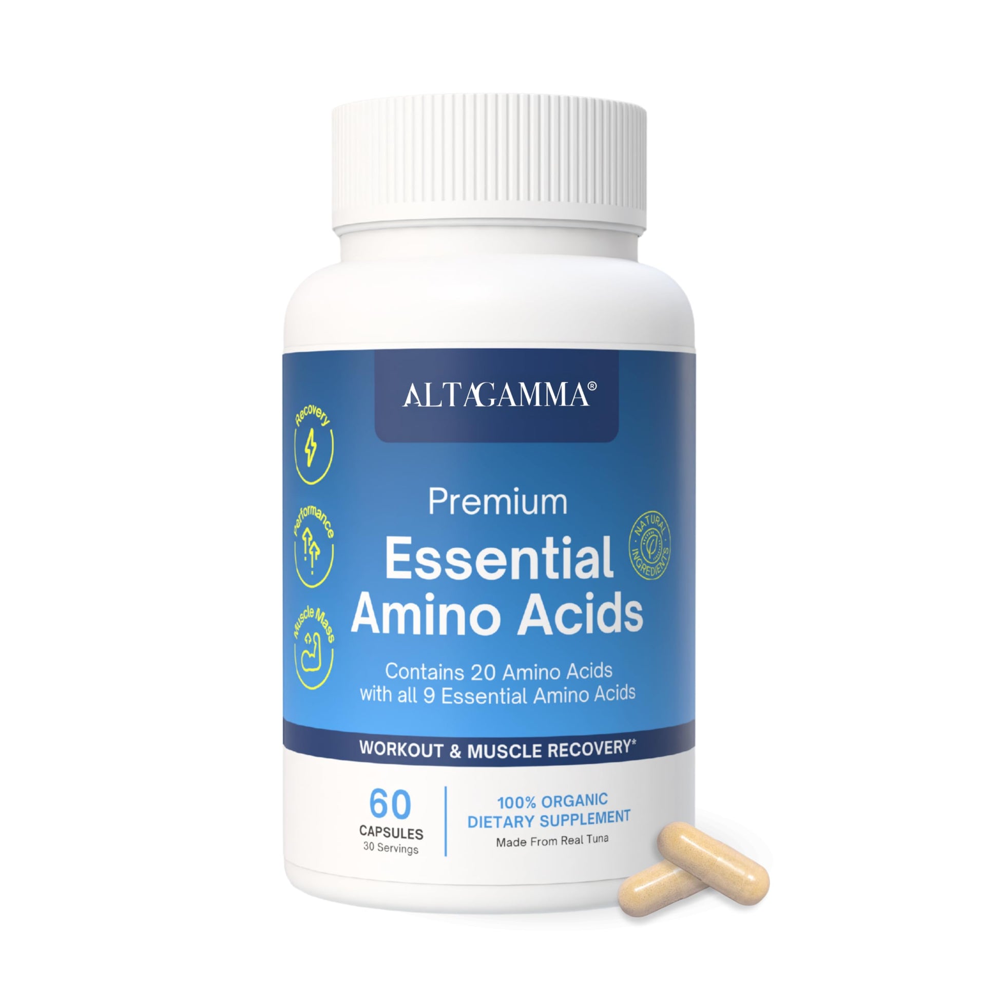 ALTAGAMMA Pure Amino Acids Complex - Protein for Pre/Post Workout, Energy & Muscle Recovery - 9 Essential Amino Acids Supplement (EAA) & BCAAs - Leucine, Lysine, L Tyrosine, L Arginine, 60 Capsules ALTAGAMMA Au supplements