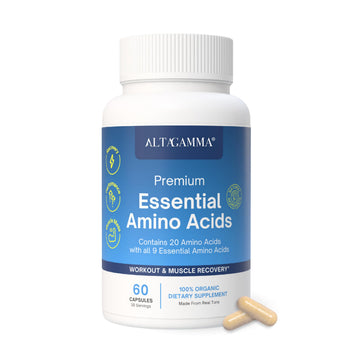 ALTAGAMMA Pure Amino Acids Complex - Protein for Pre/Post Workout, Energy & Muscle Recovery - 9 Essential Amino Acids Supplement (EAA) & BCAAs - Leucine, Lysine, L Tyrosine, L Arginine, 60 Capsules ALTAGAMMA Au supplements